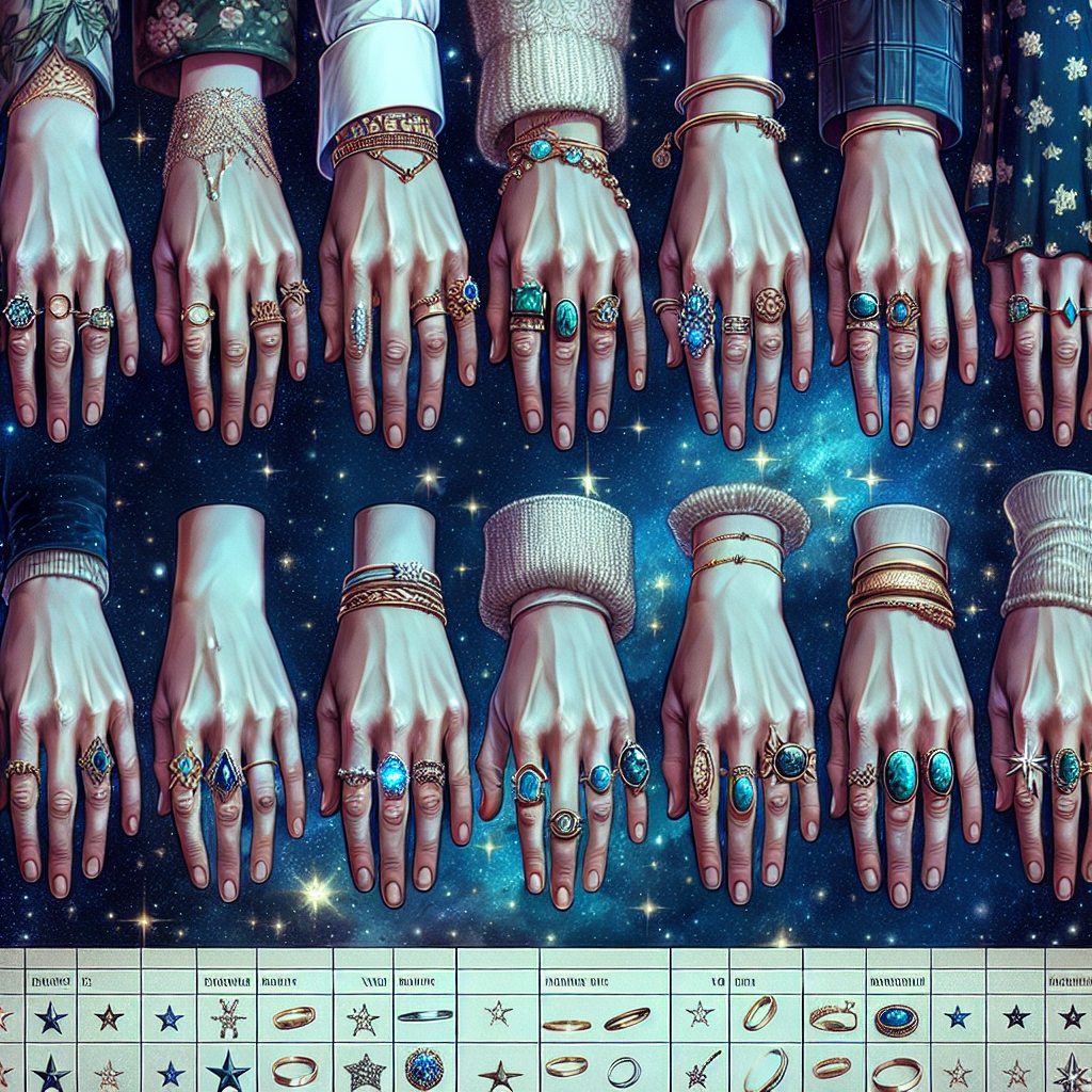 Create a detailed image featuring a row of hands, each displaying a unique ring on the ring finger. The hands should be of varying ages, genders, and ethnicities - from a young Caucasian woman with a delicate gold band to a mature Middle Eastern man flaunting a chunky turquoise ring. The backdrop should be a myriad of stars and galaxies, symbolizing a celestial vault of secrets. Accentuate the mood with hues of deep midnight blue interspersed with sparkling silver stars. Segregated sections should succinctly explain each ring's meaning.