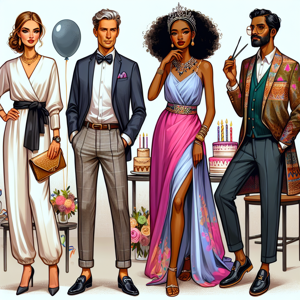Create an illustration for an article about fashion choices that are elegant and effortlessly stylish, oriented for a 60th birthday celebration. Showcase four varied characters, each donning a different outfit. Picture a Hispanic woman in a classy jumpsuit with a sophisticated clutch, a Caucasian man in a sharp blazer and chic loafers, a Black woman in a vibrant flowing dress with ornate jewelry, and a South Asian man in an artistically modern interpretation of traditional attire. Complement their attire with birthday party decor such as balloons and a cake in the background.