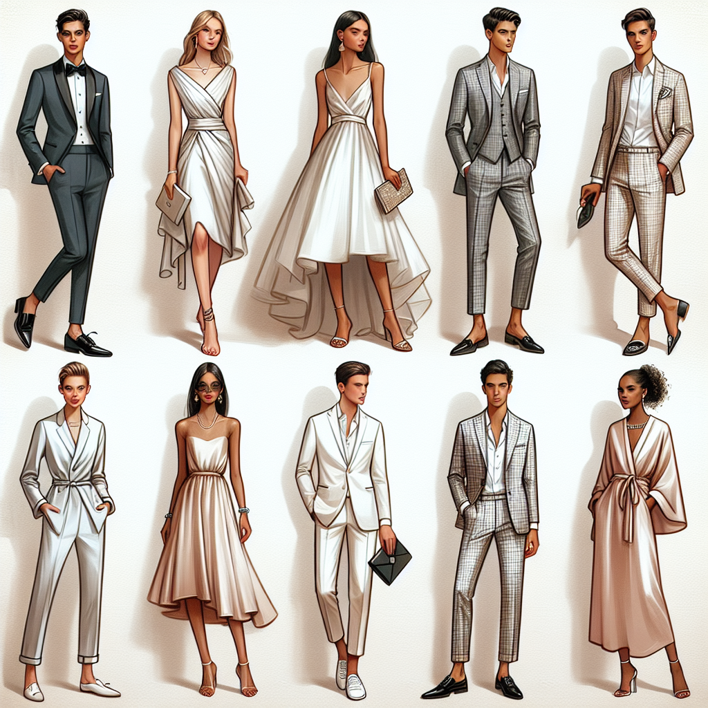 What to Wear to a Wedding: Effortless, Stylish Picks Visualize an diverse collection of stylish wedding attire. One image shows a Middle-Eastern male in an elegant tuxedo with a bow-tie and polished shoes, and another image shows a South Asian woman in a chic knee-length cocktail dress paired with heels. In another image, a White male is wearing a semi-casual linen suit with loafers, while a Hispanic woman is in a classic silk gown with pearl jewelry. Finally, a Black woman is depicted in a trendy jumpsuit with a sleek clutch and heeled sandals. All outfits are perfect examples of effortless style suitable for a wedding.