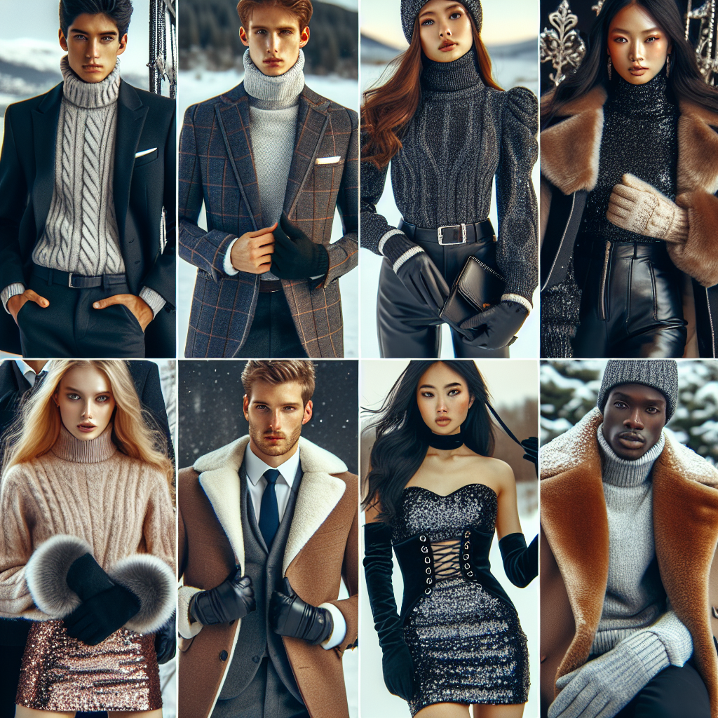 Stunning Date Night Outfits for a Chic Winter An array of stunning outfits suitable for date nights in winter. Close-up view of a turtleneck sweater and a well-tailored blazer on a Caucasian woman, paired with chic gloves. On a Middle-Eastern man, a stylish peacoat with a warm woolen scarf. A South Asian woman wearing a sparkling sequin dress under a warm faux fur coat. A Black man in a sleek knit sweater and a sharp, fashionable overcoat. Each person accessorized with winter boots and hats, all displayed against a snowy landscape backdrop.