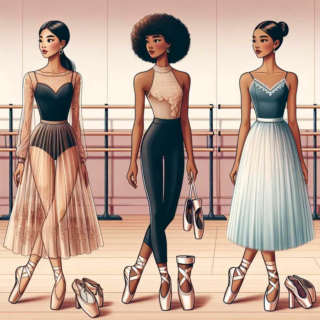 Stunning Outfits for Pointe Shoe Fittings: Exclusive Tips Showcase of a variety of outstanding outfits suitable for pointe shoe fittings. The image should include three individual models of different ethnicities: East Asian, African, and Middle Eastern. The first model is showcasing a chic leotard with sheer cover-up, the second is displaying a classy unitard with a tutu, and the third is dressed in a traditional ballet wrap skirt paired with a fitted tank top. They are all trying on pointe ballet shoes, each in the process of fitting them to their feet. In the background, have a simplistic yet modern ballet studio with wooden floors, ballet barres, and large mirrors.