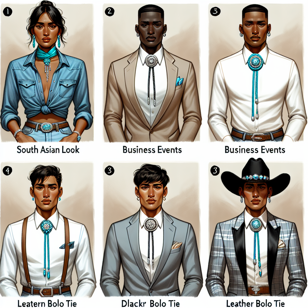 Visual guide on styling bolo ties. The first look should be a casual one, featuring a South Asian woman in a denim shirt with a turquoise bolo tie. The second look is for business events, portrayed by a Black man in a light grey suit and silver bolo tie. The third look is for formal affairs, depicted by a Middle-Eastern person in a tuxedo and a diamond encrusted bolo tie. Lastly, a unique combination where a Hispanic man blends traditional and modern styles in a plaid shirt and a leather bolo tie. Each person should be standing in front of a plain, neutral background.