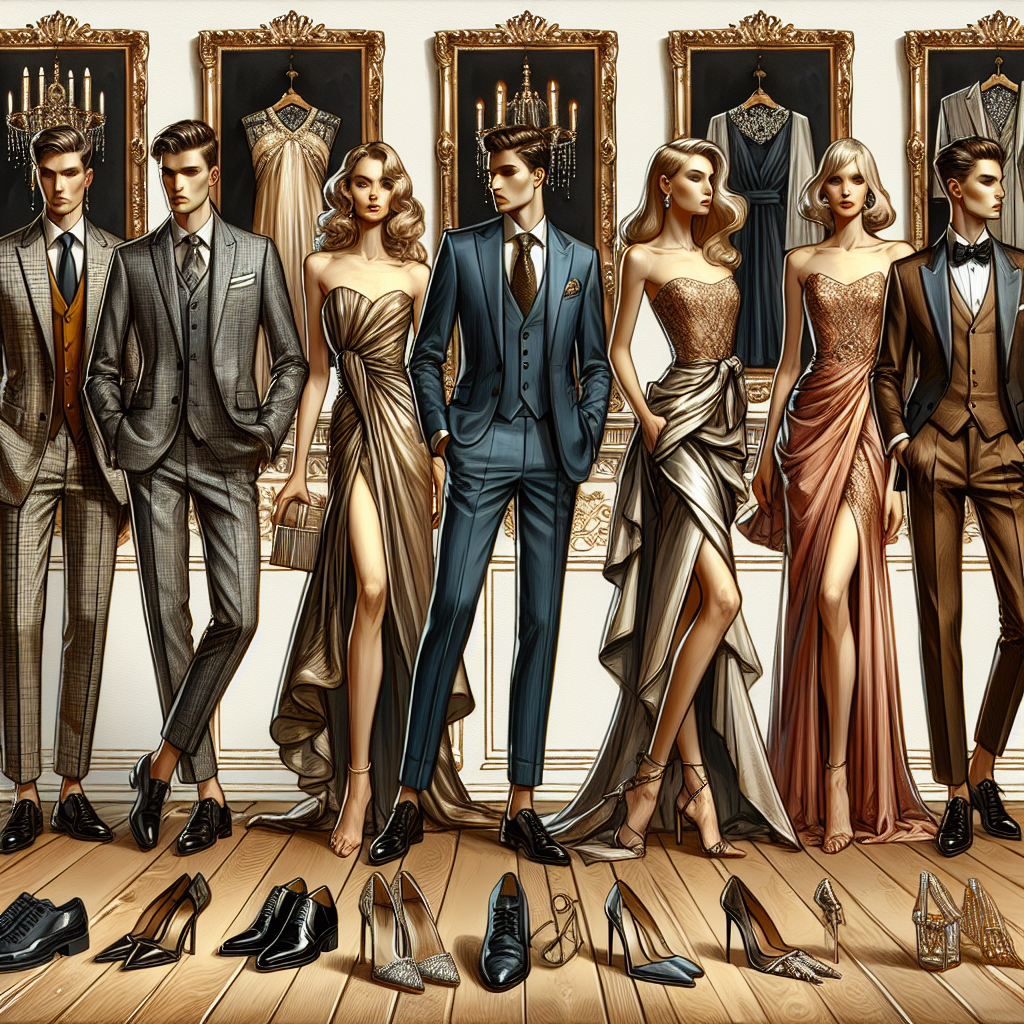 A display of stunning outfits for an elegant supper club. Picture to include a variety of fashionable attire for both men and women. For the men, imagine sleek tailored suits, possibly with a South Asian heritage, paired with silk ties and polished shoes. On the other hand, women's outfits include well-draped evening gowns, stemming from a Caucasian designer's vision, paired with stiletto heels and dazzling jewelries. Scene to be set in a classy environment, possibly with high-end vintage furniture in the backdrop. All this should convey an air of effortless style.