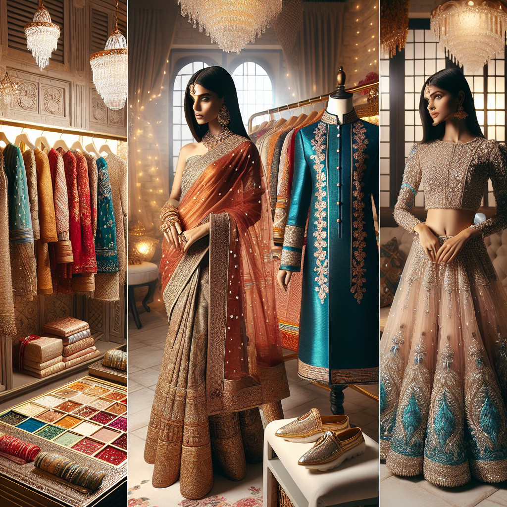 Stunning Outfits for Diwali: Discover Your Perfect Match! An array of stunning outfits for Diwali celebration. On the left end, visualize a South Asian woman dressed in a golden and red saree, complemented by elegant gold jewelry and traditional makeup. In the center, picture a South Asian man in a vibrant kurta complemented by a pair of elegant mojaris. On the right, imagine a young South Asian girl donning a dazzling lehenga in hues of turquoise and silver. Show an assortment of other unique, traditional Indian clothing pieces hanging in a chic boutique with soft, festival lighting enveloping the scene.