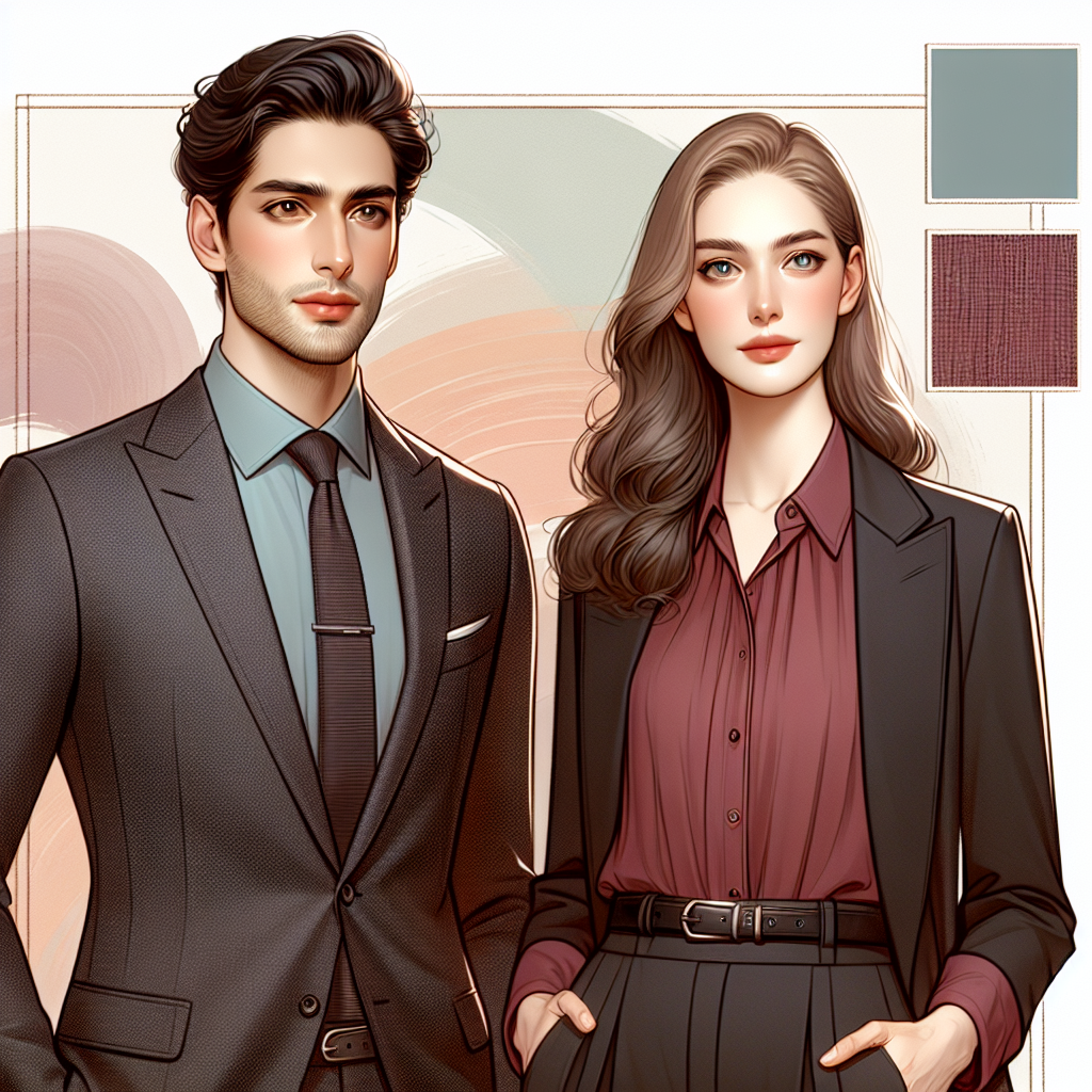 Illustrate a quintessential professional headshot setting but with a twist in the form of wardrobe advice. A Middle-Eastern male and a Caucasian woman stand side by side, dressed impeccably in respective professional attire. The man is wearing a charcoal grey suit with a pastel blue shirt, while the woman is in a burgundy blouse paired with a black blazer. Both their outfits are chic, stylish, outfitted with trendy accessories. Behind them, a soft, warm backdrop, maybe an abstract swirl of colors. A rectangle at the bottom showing a close-up of the blouse's fabric texture and the suit's stitching details.