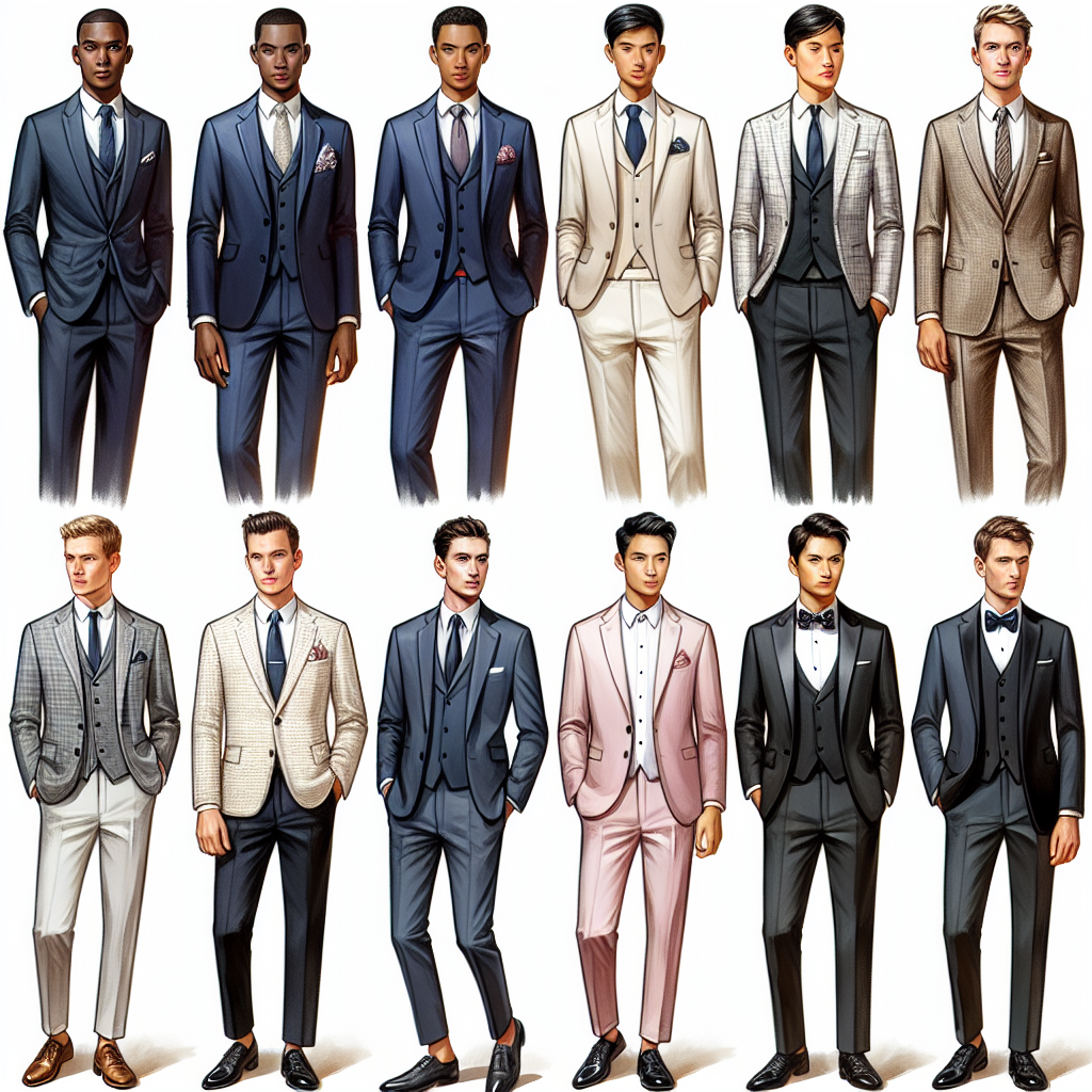An array of assorted, must-have wedding guest attire for men. The first outfit depicts an African American man in a classy, navy blue three-piece suit paired with a toned-down color pocket square. Secondly, a Caucasian man exhibits a semi-formal look, donning a beige blazer with a crisp white shirt, no tie, and black pants. The third outfit is shown on an Asian man wearing a light grey suit with a pastel pink shirt, demonstrating a less formal but still sophisticated attire. Lastly, a Hispanic man is decked out in a traditional black tuxedo with a bow tie, representing the ultimate formal wedding attire. Each outfit expresses different degrees of formality, underlining the importance of the dress code at weddings.