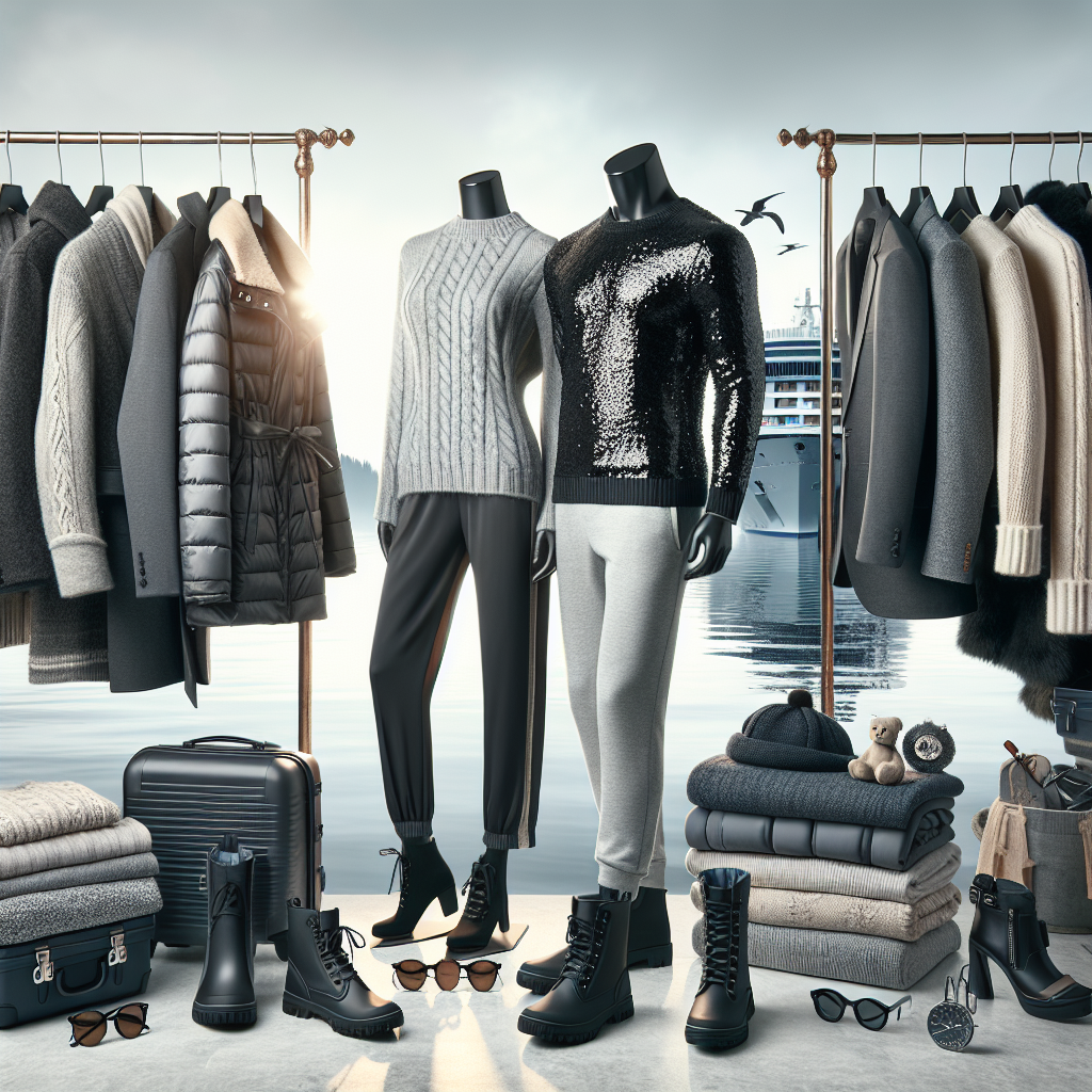 An array of elegant and casual outfits perfect for a Scandinavian cruise. Include cozy jackets, knit sweaters, waterproof boots, and sunglasses for outdoor activity. Also incorporate some stylish evening wear, showcasing a black sequined dress for women and a gray two-piece suit for men. The outfits are displayed on clothing racks, with two Caucasian female and male mannequins respectively showcasing the dress and the suit. The background is a cool-toned morning Scandinavian landscape, with a clear visual of a cruise ship sailing on calm waters.