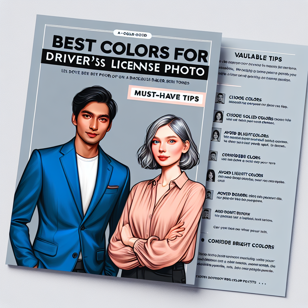Imagine a detailed guide cover about the best color pallets for a driver's license photo. The cover should feature a South Asian man and a Caucasian woman, both confidently dressed. The man should be in a blue shirt, which is considered a good color for photos. The woman should be wearing a soft pink blouse. Include valuable tips on grey background, such as - choose solid colors, avoid bright colors, and consider wearing lighter shades on darker skin tones. Across the top, there should be a headline that reads, 'Best Colors for Driver's License Photos: Must-Have Tips'.
