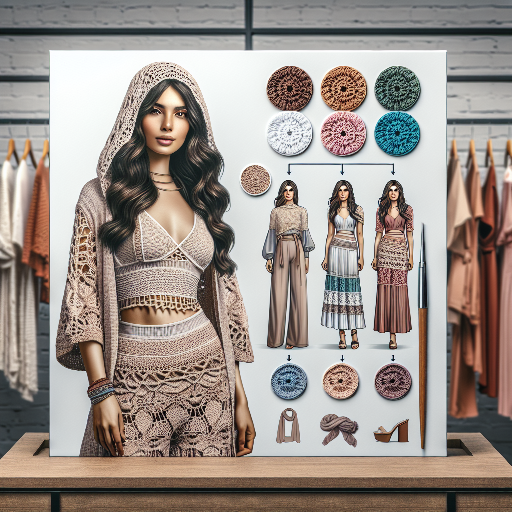 Discover the Best Colors to Wear Under a Crochet Dress Create an impactful image showcasing a model of Middle-Eastern descent displaying a fashionable collection of attire suitable to be worn under a crochet dress. The ensemble should reflect a suitable range of colors that properly complement the texture and design of the crochet dress. To add depth and context, the background can display a well-coordinated fashion exhibit. The model should be confidently posing, highlighting her outfit which may include layering items, accessories, and a color palette that enhances the aesthetic appeal of the crochet dress.