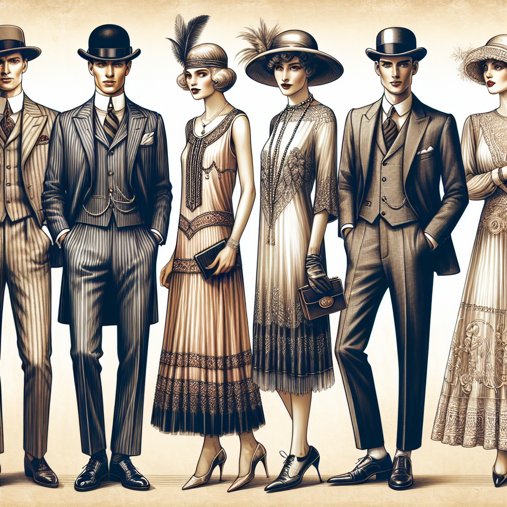 Roaring 20s Outfits: Must-Have Styles for Timeless Elegance Imagine the classic fashion trends of the Roaring 20s: an elegantly attired gathering of individuals, each showcasing their unique personal style. Picture a well-dressed man with a pinstripe suit, a bowler hat, and polished brogues. Adjacent to him, a Caucasian woman is striking in a flapper dress with intricate beadwork and a feathered headband. Another woman of Hispanic descent wears a cloche hat and a long, lace-trimmed dress, embodying timeless elegance. Meanwhile, a Middle-Eastern man looks stylish in a double-breasted suit with wide lapels and a pocket watch. The image evokes the spirit of jazz-age glamour and timeless elegance, filled with must-have styles from the 1920s era.