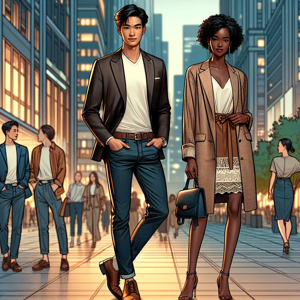 Imagine a lively urban setting in the late afternoon. At the centre of the image, visualize two individuals ready for their first date, showcasing harmonious, effortless and chic outfits. The first person, an East-Asian man is wearing a smart-casual ensemble, consisting of a neatly tailored blazer, a crisp white shirt, and dark jeans. His date, a Black woman, is sporting a classy and comfortable dress in an earthy-toned color, paired with a trendy leather bag. They are both in their mid-20s. The surrounding atmosphere is filled with anticipation and excitement.