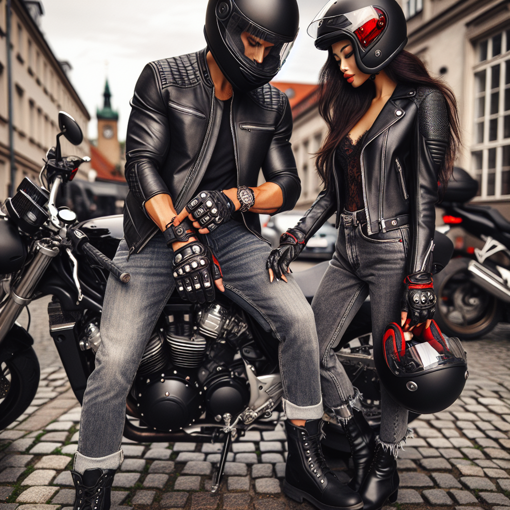 Ultimate Guide: What to Wear on a Motorcycle Date Imagine an exciting setting of a couple ready to embark on a motorcycle date. The man, of Middle-Eastern descent, is wearing a stylish protective helmet and black leather jacket, jeans and sturdy boots, his fingers displaying a few rugged rings. He is checking a sleek black and chrome motorcycle parked on an urban cobblestone street. The woman, an Asian descent, clad in similar sturdy yet fashionable biker attire, including a red helmet and a fitted leather jacket. She is tugging on gauntlet-style gloves, her face featuring a radiant smile, eager for their road trip adventure ahead.