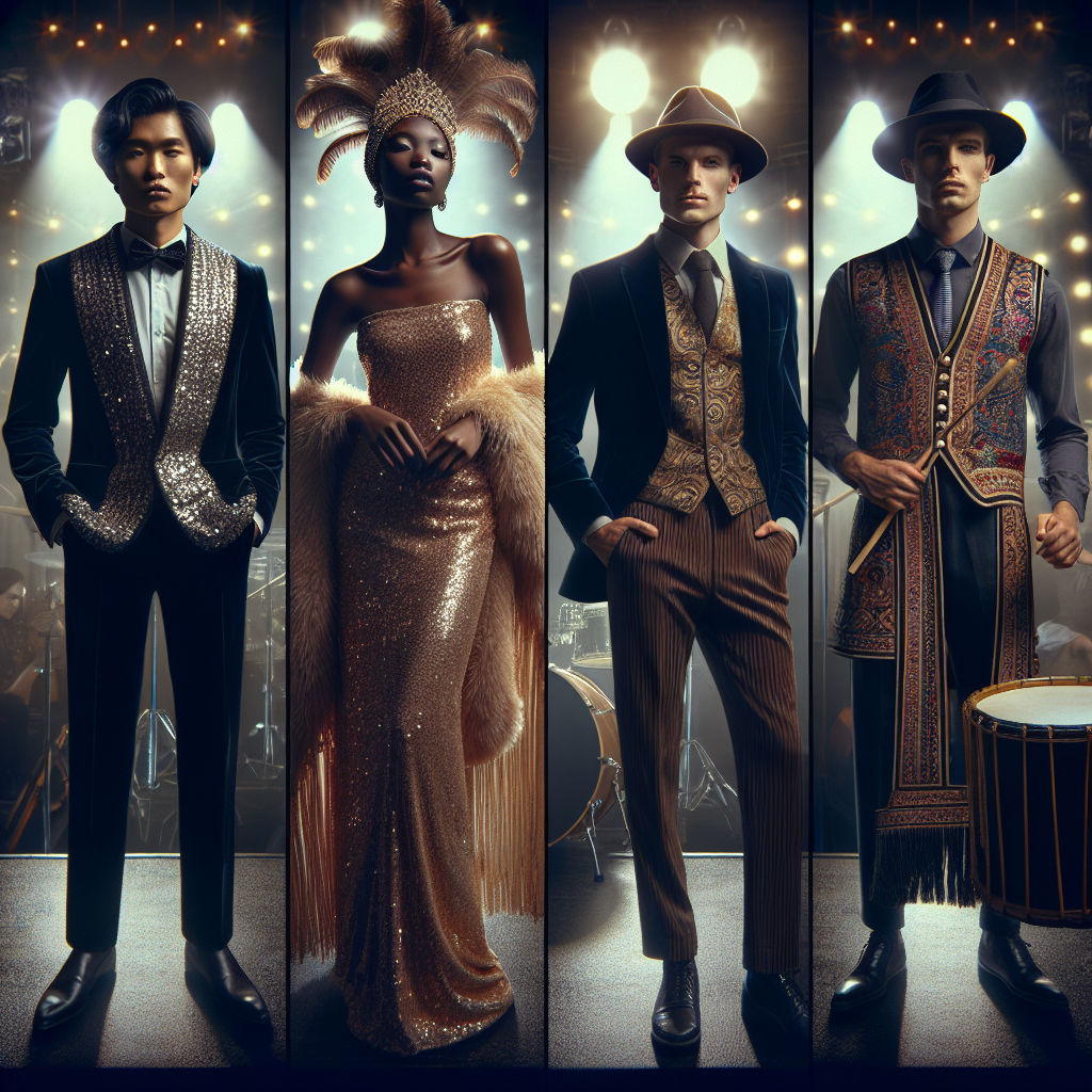 Must-Have Outfits for a Musical Show: Effortless Style Imagine a montage of distinct musical show outfits conveying effortless style. Beginning with an Asian male musician in an elegant velvet suit adorned with sequin details, add a pop of character with a flamboyant feathered hat. Next, showcase a Black female singer in a shimmering golden gown, radiating glamour and class with a long silk shawl. Finally, picture a Middle-Eastern drummer in a traditional embroidered vest, finely tailored trousers, and a sophisticated trilby hat. Have the background infused with bright, theatrical lights to set the mood.