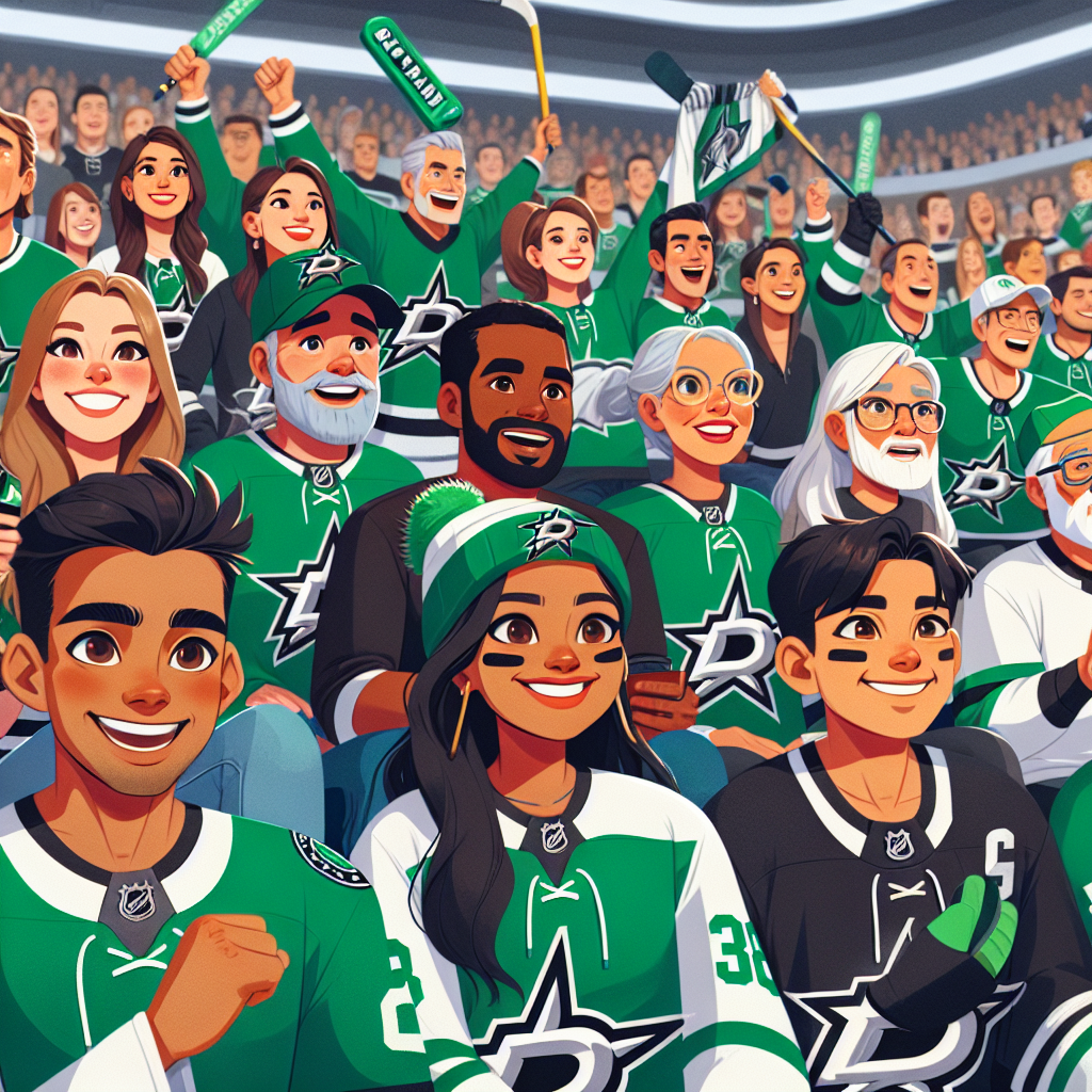 Depict the interior of an ice hockey arena, filled with spirited spectators. A range of individuals, including a Caucasian woman, Black man, Hispanic teenager, and a South Asian elderly person, are in the crowd wearing green and black clothing to represent the Dallas Stars. They each have different accessories, such as a hat, a scarf, a foam finger, and a team jersey. Some are holding banners with Dallas Stars logos. There's a sense of excitement and camaraderie in the air.
