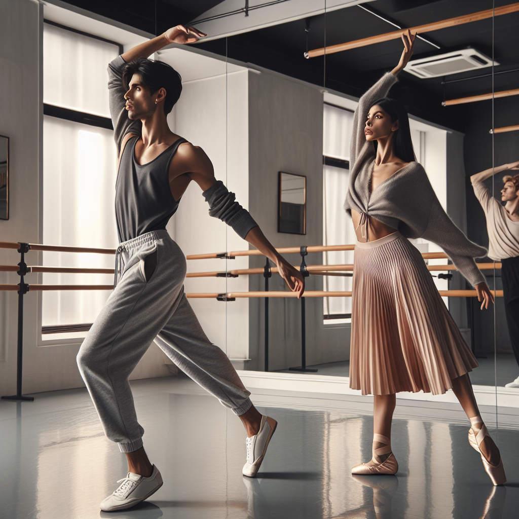 Dance Class Style Guide: Effortless, Must-Have Looks A chic dance class room, filled with light, and reflecting the hardwood flooring. In the middle, there is a South Asian male, clad in slim-fit joggers and a loose tank top, stretching his arms ceiling-wards. He possesses an aura of ease and fluidity. Adjacent, a Hispanic woman in a wrap skirt and fitted leotard is practicing her footwork, displaying grace and poise. Their trendy outfits are in tones of pastel pink and muted grey, capturing the essence of 'effortless' and 'must-have' style. The walls are lined with ballet bars and ambient mirrors, bringing out the elegant aesthetics of the space.
