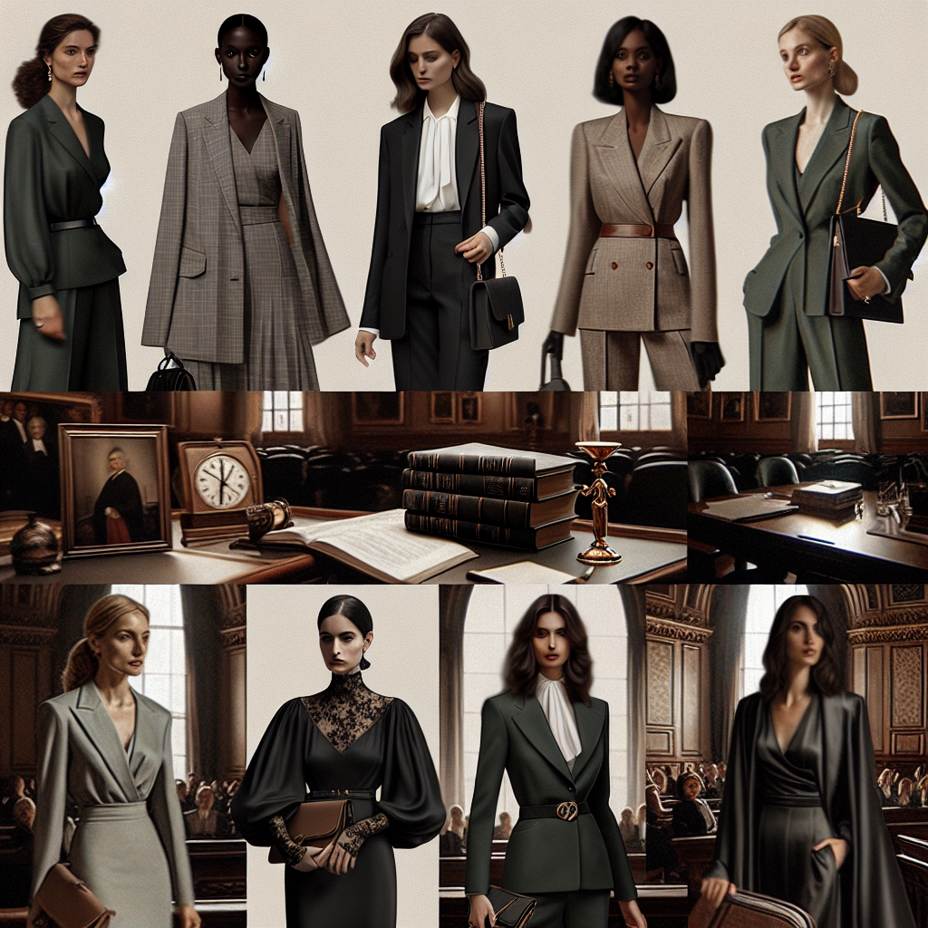 An image showcasing a collection of sartorial choices suited for a mix of women of different descents such as Caucasian, Black, Hispanic, and Middle-Eastern appearing in court. The women are stylishly dressed in professional attire that communicates respect for the formality of the courtroom environment. Lavish but tasteful, these looks range from dark-colored suits to minimalist dresses paired with simple accessories. The image should convey an air of effortless elegance amidst the backdrop of a courtroom setting, with subtle hints of imposing architecture, vintage wooden desks, and deep-green accents typical of classic courtroom settings. Please remember to maintain the respectful tone suitable for this format.