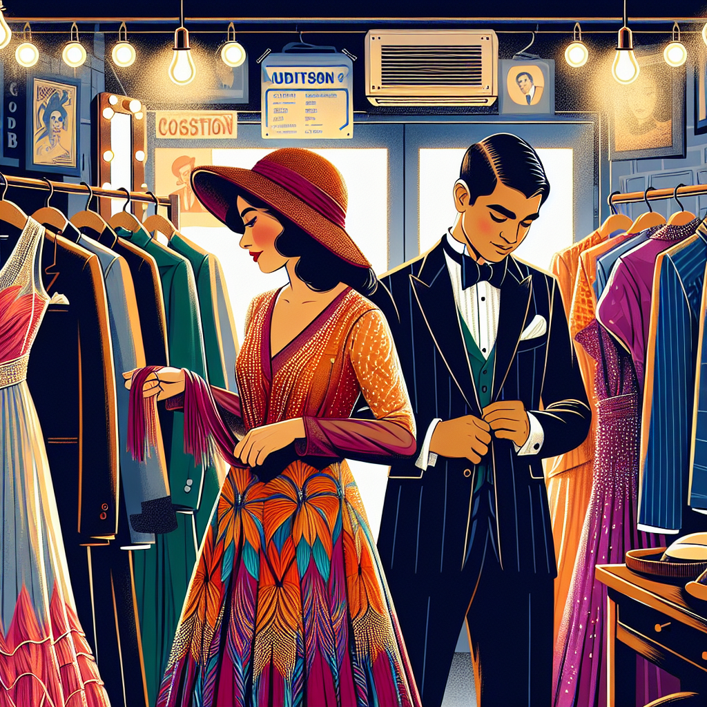 Illustration of a backstage scene at a theatre audition. Two individuals are preparing for their auditions, focused on their wardrobe. The first person is a South Asian woman in her mid-20s, adjusting her vibrant, vintage-inspired dress with a wide brim hat. The other is a Hispanic man in his early 30s, trying on a sharp, classic tuxedo and adjusting his cufflinks. They are surrounded by an assortment of must-have looks for a musical theatre audition - flamboyant costumes, slick suits, and chic dresses. The atmosphere is electric with anticipation and excitement.