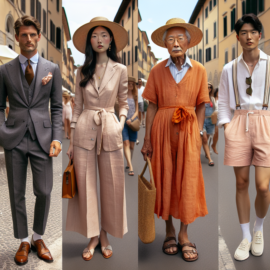 Imagine a bustling Italian street scene filled with locals donned in their fashion-forward ensembles. Visualize a Caucasian male in a well-fitted charcoal grey suit with brown Oxford shoes showcasing effortless sophistication. Next to him, picture an elderly Asian woman, displaying timeless grace in a burnt orange linen dress accessorized with a chic straw hat. Glimpse a young Middle-Eastern woman confidently striding in a pastel pink sundress paired with white sandals whereas a young Hispanic male sports a relaxed blend of crisp white shirt tucked into khaki shorts and tan loafers. Witness a diverse sartorial blend reflective of authentic Italian style.