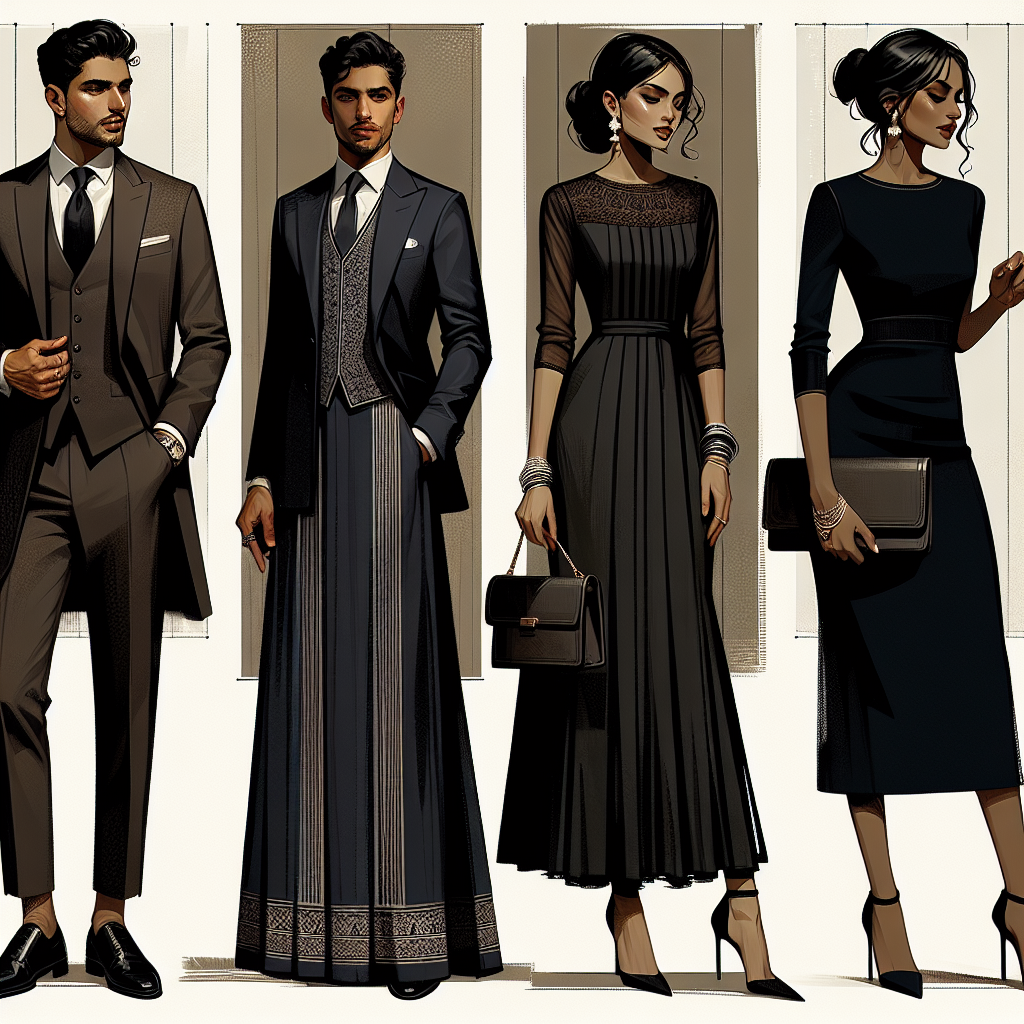 Stunning Outfits for Memorial Services: Effortless Elegance Visualize a concept for a fashion editorial featuring elegant outfits suitable for memorial services. In the first scenario, we see a South Asian man dressed in a dignified traditional outfit with a well-cut dark suit paired with a crisp white shirt. In the next image, there is a sophisticated Hispanic woman elegantly dressed in a sleek black dress paired with some discreet jewelry. The final graphic includes a Black woman who exemplifies effortless elegance in a dark, sophisticated midi-dress paired with a classy clutch bag. All these outfits represent respect and reverence fitting for a memorial occasion.