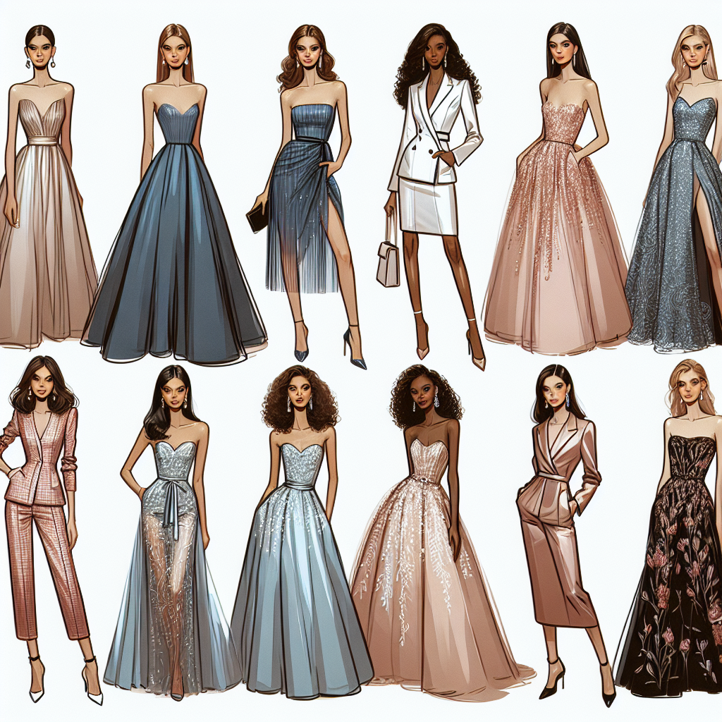 Must-Have Gala Outfits for Women: Effortlessly Chic Illustrate a collection of must-have gala outfits for women that embody the concept of 'effortlessly chic'. Display a variety of dress types such as ball gowns, cocktail dresses, and sophisticated jumpsuits that reflect modern fashion values. The image should capture a range of styles, fabrics, and colors, all of which epitomize chic sophistication. Show an assortment of models of different ethnic descents like Caucasian, Asian, Black, and Hispanic, all exhibiting these stunning gala outfits with confidence and elegance.