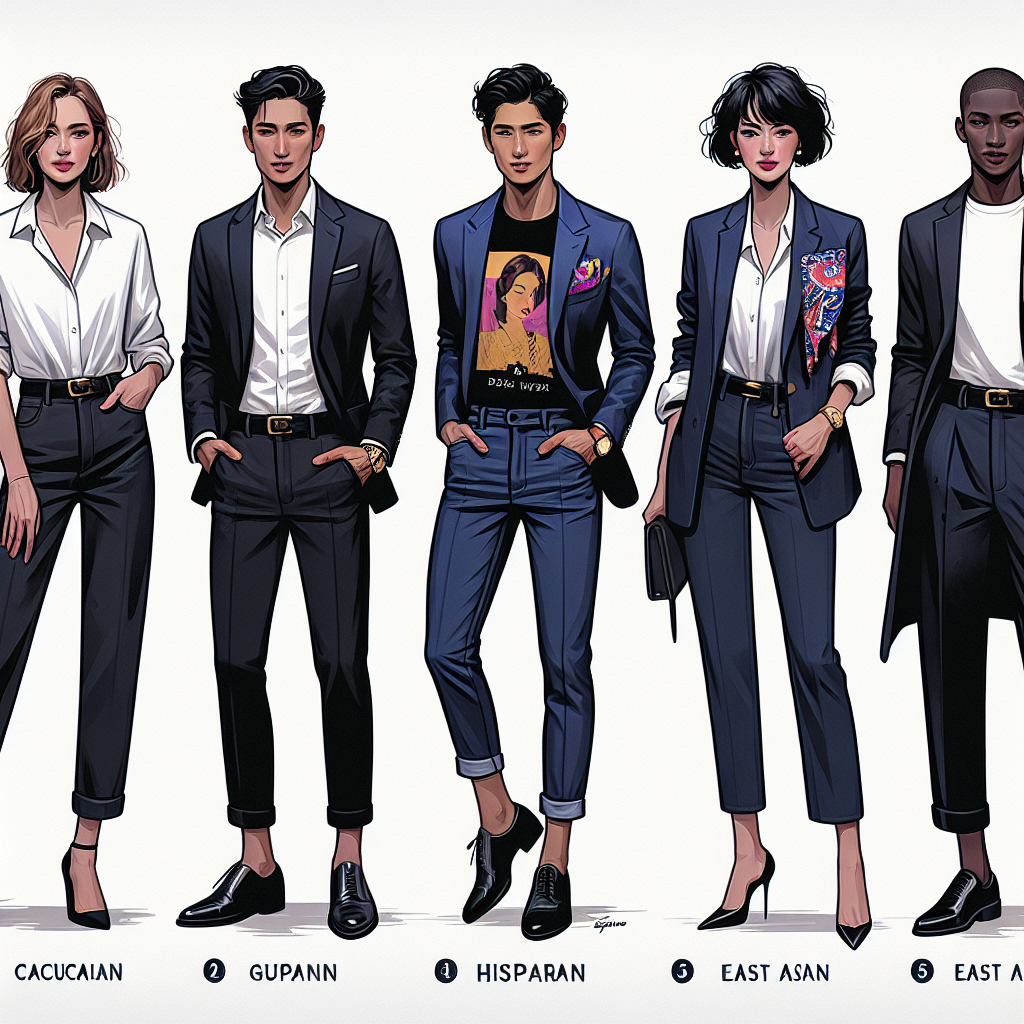 Visualize an informative image guide to navy blazer styles. The image should showcase five different looks, designed for people of varying descents and genders. The first look is a Caucasian woman pairing the blazer with a white blouse and slim-fit jeans. The second translates the style to a Hispanic man with a navy blazer over a casual graphic tee and dark trousers. For the third, depict a Middle-Eastern woman sporting the blazer with a sleek black midi dress. The fourth represents an East Asian man complementing the blazer with a vibrant pocket square and tailored suit pants. Lastly, depict a black woman rocking the navy blazer with high-waist shorts and a striped top.