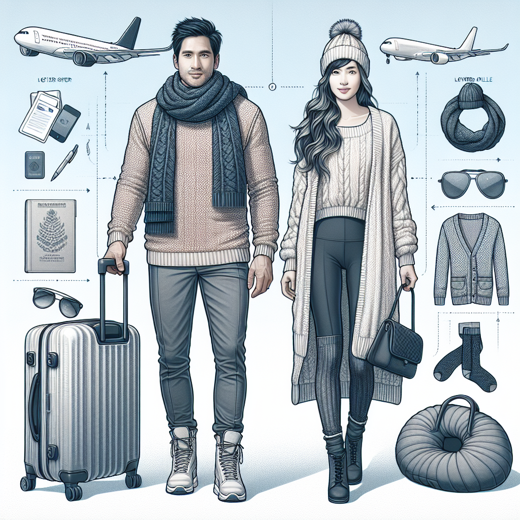 Stunning Winter Tips: What to Wear on a Flight A visually striking illustration of valuable winter travel advice: Show a stylish and comfortable winter outfit suitable for an airplane journey. The focal point should be a middle-aged Caucasian male wearing cozy winter essentials like a light sweater, knit scarf, and comfy jeans. Beside him, a young South Asian woman is in a layering long cardigan, warm leggings, and fashionable knee-high boots. A small diagram or infographic indicating the most efficient layering techniques and essential items (i.e., neck pillow, noise-cancelling headphones) for such trips can be subtly included on one side of the image in order to optimize the available space.