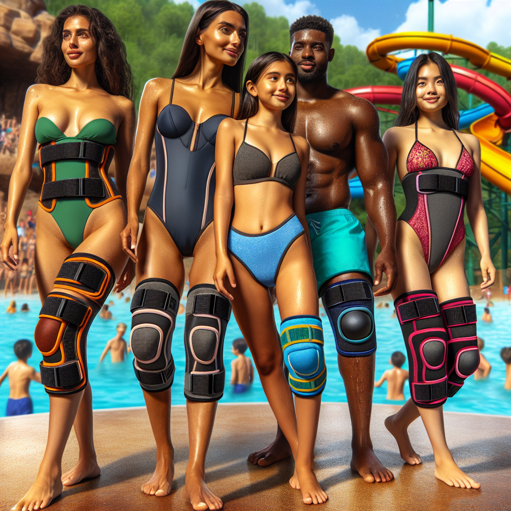 Best Meniscus Support: Must-Have Water Park Wear Create a detailed and colorful image of a diverse group of people enjoying a sunny day at a water park. The group consists of four individuals: a Middle-Eastern woman with a slender build, a Black man who is broad-shouldered and tall, a Hispanic boy, and a South Asian girl, all wearing appropriate swimwear. The focus should be on their knee supports which are styled in vibrant colors and look sturdy yet comfortable. Each knee support highlights a specific feature: breathable material, adjustable straps, excellent cushioning, and water-resistant material. Make sure the joyous ambiance of the water park - the slides, pool, and the general crowd - is also captured in the background.