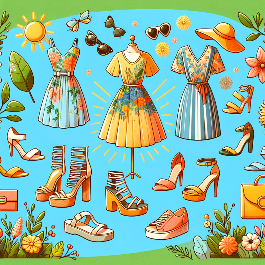 Stunning Summer Style: Best Shoes for Shirt Dresses Visualize a fashion guide on a bright summer day. In the midst of all, place a focus on shoe types that go best with shirt dresses. Include a range of shoes like sandals, platform heels, and flats. Also display shirt dresses in vivid colors and various prints. Add the vibe of an outdoor summer environment, incorporating elements that represent summer such as blooming flowers, lush greenery and a clear, sunny sky.