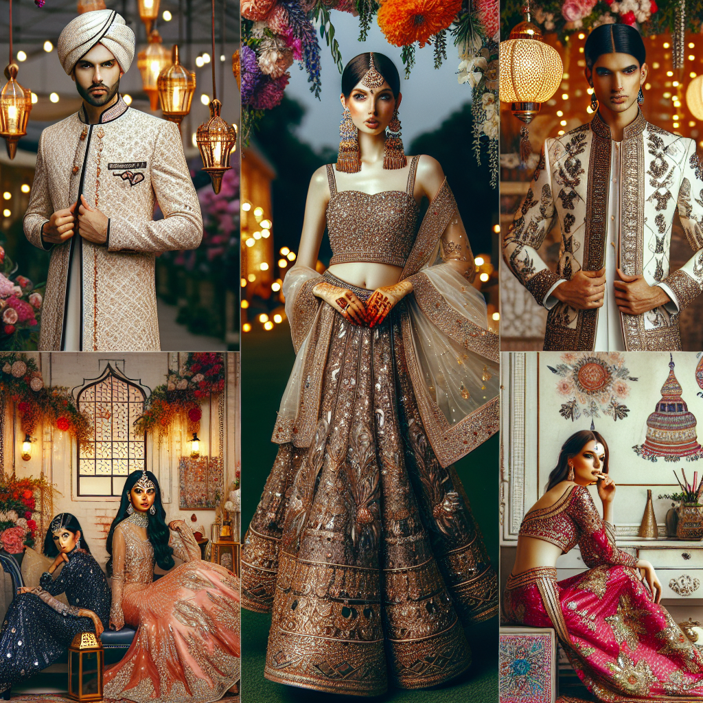 Stunning Mehndi Outfits: Effortless Style for Every Guest An image showcasing a variety of stunning Mehndi outfits, embodying effortless style suitable for every guest. On the left, depict a Middle-Eastern man in an elegantly embroidered sherwani, holding a dazzling turban. At the center, show an Asian woman in a glamourous lehenga choli adorned with subtle sequins. On the right, represent a Caucasian woman sporting a trendy fusion outfit. Integrate a backdrop featuring decorative elements commonly seen at Mehndi ceremonies, such as bright floral arrangements, lanterns, and colorful drapes.