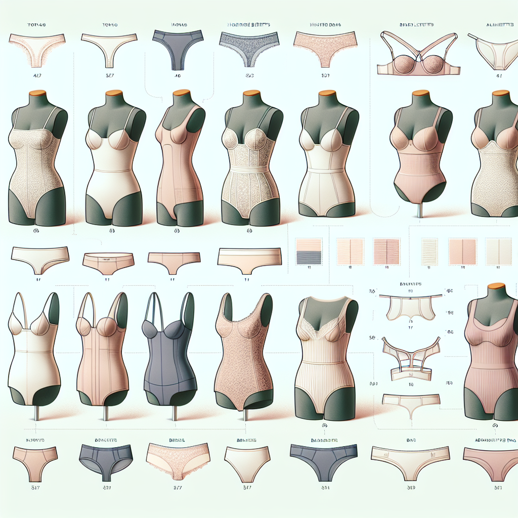 Must-Have Guide: Best Undergarments for Bodysuits An in-depth visual guide that illustrates a range of undergarments for bodysuits. The image features a variety of typologies including seamless thongs, high-rise briefs, bralettes, and adhesive bras, distributed on a clean, modern background. Additionally, a few bodysuits of different cuts and styles lay nearby to give context. The undergarments are represented on mannequins ensuring diversity in size and body shape. Each type of undergarment also has a discrete label with its type for clarity. The color schema should be soft, pastel-like to add to the sophistication of the image.