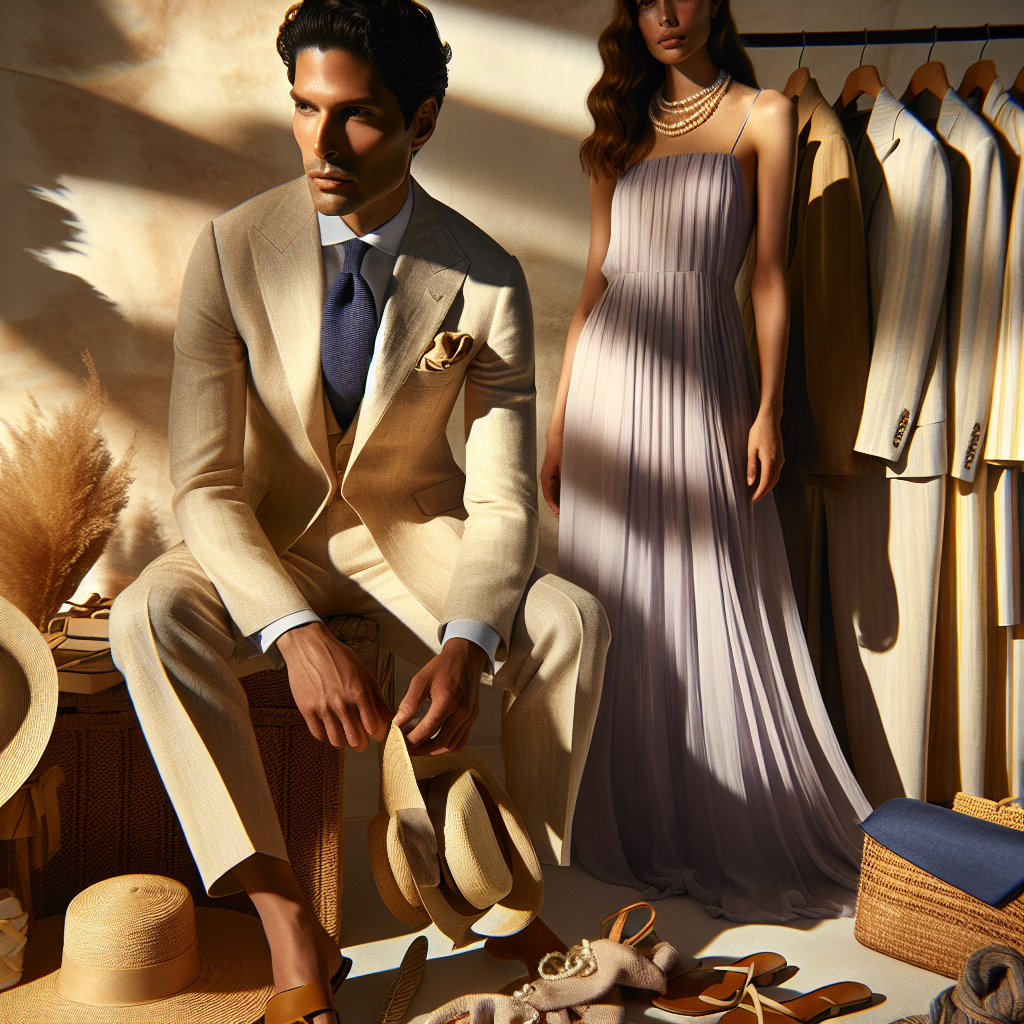 Stunning Summer Wake Attire: Effortless Elegance An assortment of sophisticated summer wake attire that embodies effortless elegance. In the foreground, a South-Asian man in a bright beige linen suit paired with a lightweight navy blue silk tie. Next to him, a Hispanic woman wears a flowing lavender silk chiffon maxi dress. In the background, a selection of tastefully arranged accessories like straw hats, dainty pearl necklaces, and leather sandals. The scene is set amidst a serene ocean backdrop with warm, golden sunlight casting long shadows, illuminating the clothing, and bringing a distinct summer feel to the scenery.