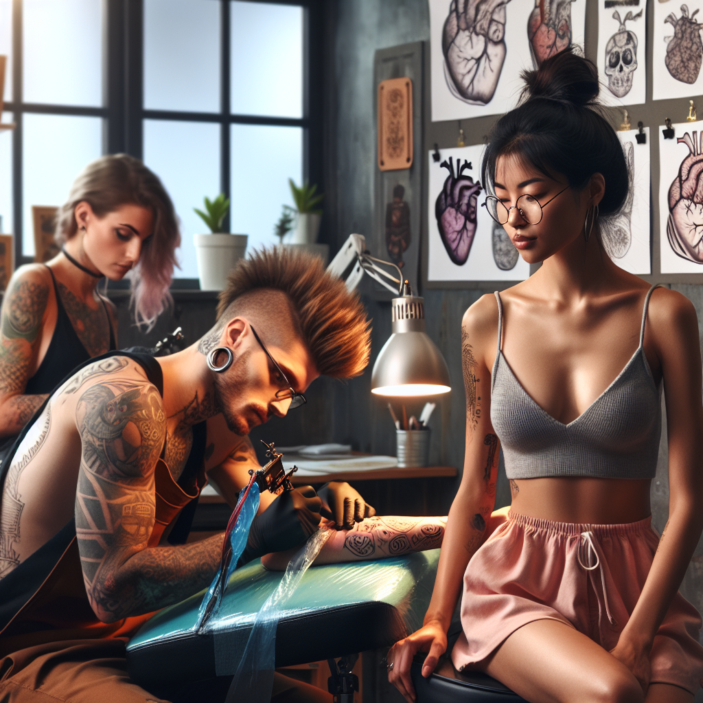 Effortless Outfits for Your Next Tattoo Session Imagine a well-lit and vibrant tattoo parlor. A Hispanic female tattoo artist with punk style hair and glasses is busily at work. She is tattooing a tribal design on the arm of a Caucasian male wearing a simple, cozy, and hassle-free outfit, consisting of a gray tank top and black shorts, showcasing his tattoos. On the other side of the room, an Asian woman in her effortless attire, a strappy pink sundress, is patiently waiting her turn. She's browsing through a tattoo design book filled with intricate patterns and unique ideas. A mood board highlighting various tattoo designs adorns the wall.