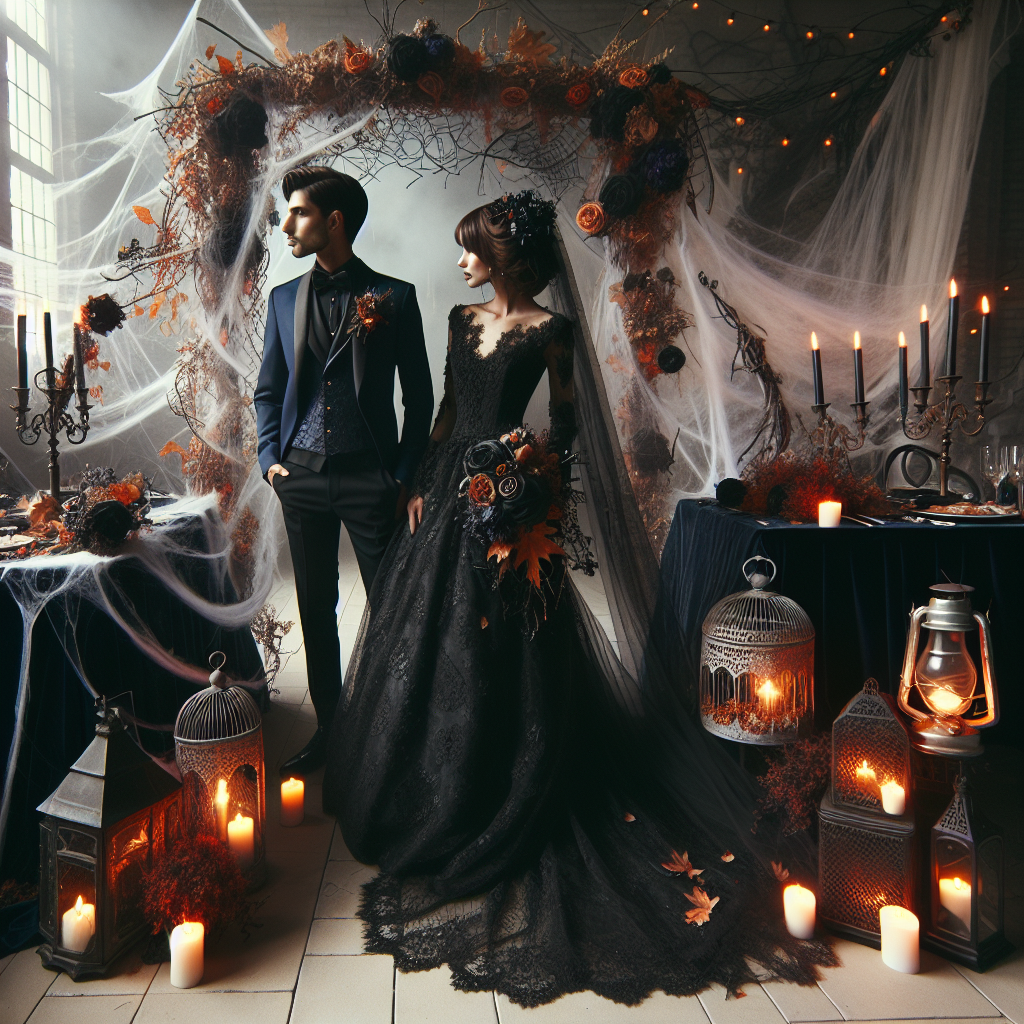 Imagine a dreamy Halloween wedding scene that marries style and spookiness. Picture a long elegant black wedding dress adorned with antique lace, accessorized with a matching veil and dark roses. Visualize a groom in a vintage midnight blue suit, sporting a boutonniere made from autumn leaves and blood-red berries. The tables are draped with black velvet cloths sprinkled with faux spider webs. Kerosene lamps casting long shadows, replaced traditional centerpieces. A Gothic arch, tangled with dried vines and orange fairy lights, stands as the backdrop for the couple. The scene looks both eerie and elegant, highlighting the unconventional beauty of a Halloween themed wedding.