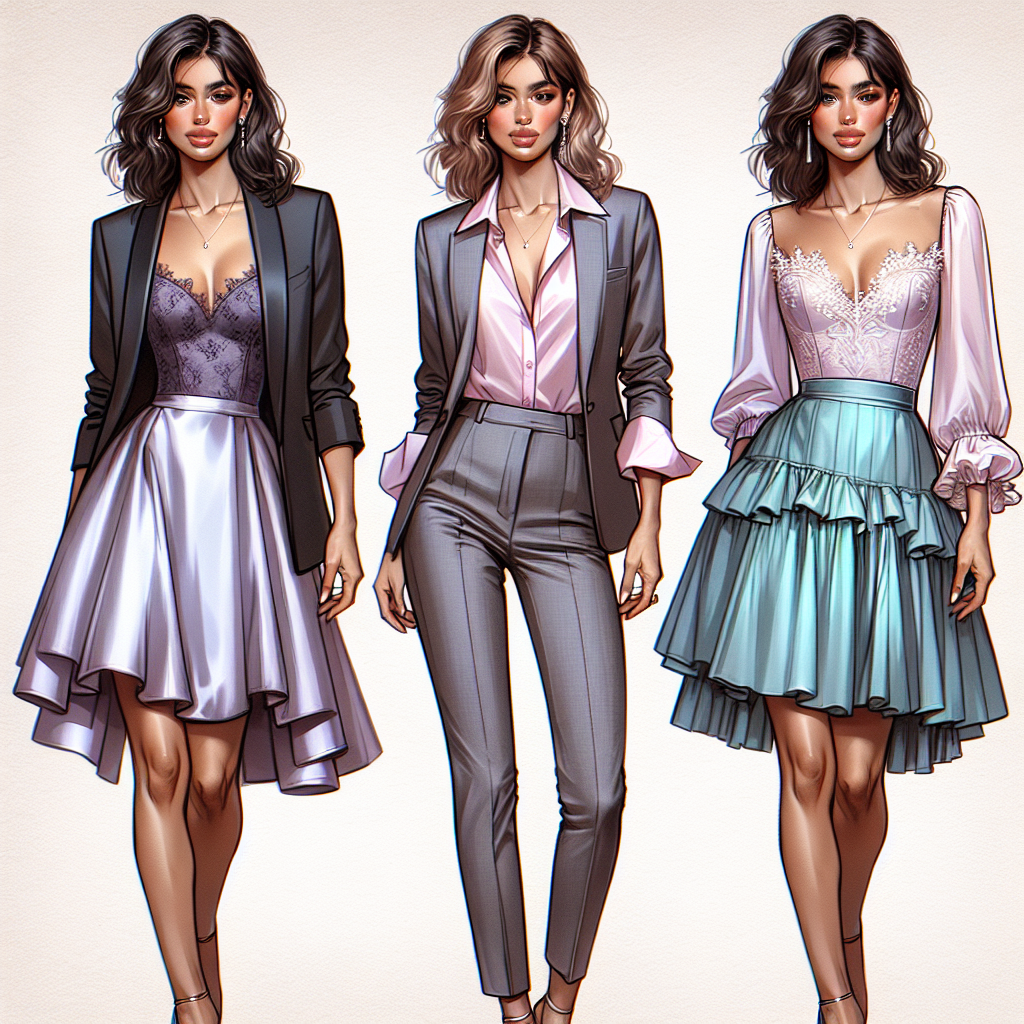 Create an image showcasing three distinct, elegant outfits ideally to be worn under a black blazer for attending weddings. The first outfit should be modelled by a Hispanic woman and consist of a lilac satin dress with some lace detailing. The second outfit, worn by a Caucasian man, should include grey fitted trousers paired with a pastel pink shirt. The third outfit should be sported by a South Asian woman and include a turquoise-blue knee-length skirt with a white ruffle blouse. All models should be posed together, and the black blazers should complement each outfit effectively.