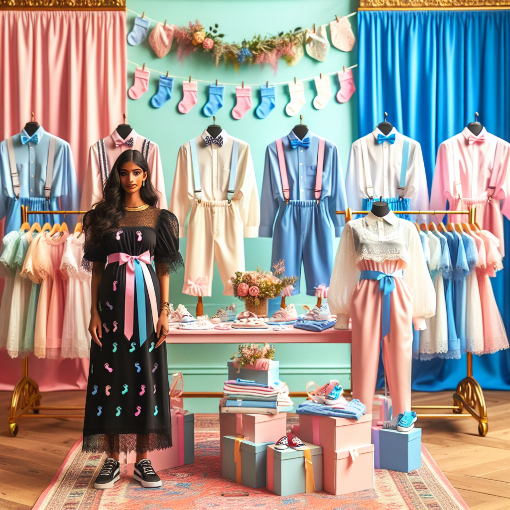 Picture a vibrantly colored venue with an array of stunning outfits made for a gender reveal party. The scene includes a table showcasing a variety of attire divided into sections based on different themes. On one side, there's a minimalist, classy section featuring a black knee-length dress adorned with festive baby pink and baby blue ribbons, worn by a South Asian female. A group of men, with varying descents, are flaunting pastel-colored shirts with trousers, having fun with bowties and funky suspenders. On the opposite side, there's a funky, playful section, where a Middle-Eastern woman is showing off a cute oversized shirt dress, patterned with tiny footprint motifs. The room is filled with excitement and anticipation, the perfect image to headline an article about must-have outfits for your next gender reveal party.