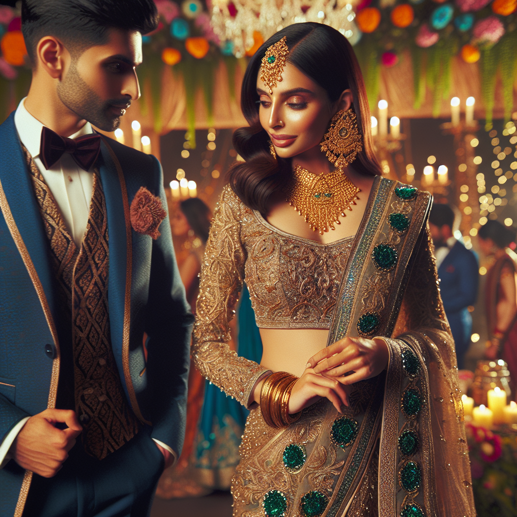 Stunning Asian Wedding Guest Attire: What to Wear Depict a stunning South Asian woman at a wedding, dressed in a glittering gold saree with intricate embroidery. The saree is accentuated with emerald-green jewel embellishments. She is complementing this look with antique gold jewelry, including a pair of large hoop earrings, ornate bangles and a statement necklace. There's also an equally well-dressed Middle-Eastern man; he's in an elegant three-piece suit, in royal blue with a white shirt and a burgundy bowtie. He's accessorizing with a pocket square and polished black dress shoes. They are chatting amiably in a room decorated extravagantly for the occasion, filled with a myriad of vibrant flowers and twinkling fairy lights. Both individuals embody the essence of stylish wedding guest attire.