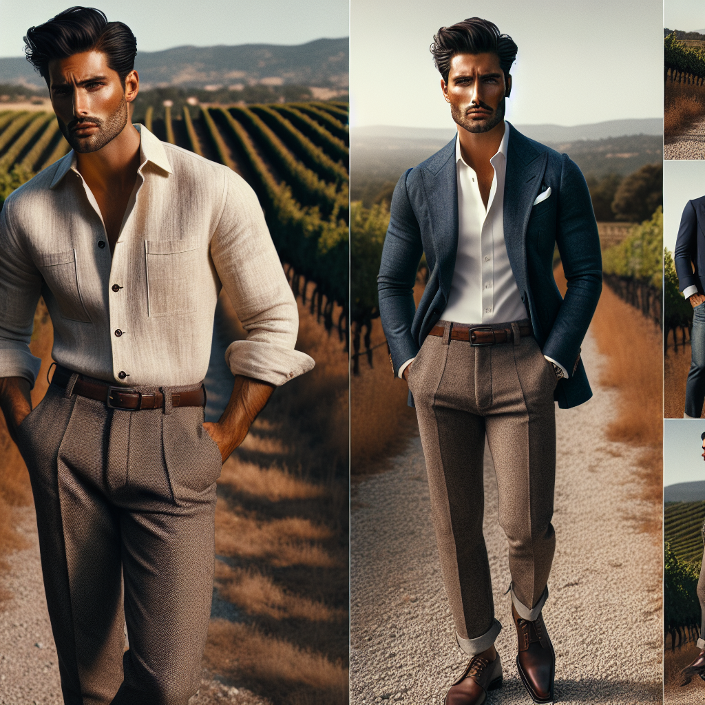 A sophisticated fashion lookbook showcasing men's winery attire styles. The scene unfolds in a picturesque vineyard with rows of well-groomed grapevines stretching into the horizon under a cloudless sky. The first model, a Middle-Eastern man with a well-built physique, exhibits an effortless style; he is clad in a lightweight linen shirt, comfortable chinos, and shoes made for walking on gravel paths. The second model, a Hispanic man, brings an exclusive look to the frame with a stunning navy blazer, crisply ironed white shirt, dark jeans, and leather boots. Each ensemble conveys a balance of elegance and comfort, perfect for attending winery tours.