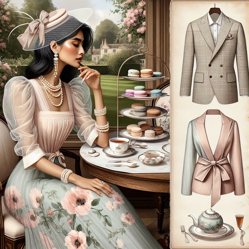 Must-Have Outfits for High Tea: Effortless Elegance Visual representation of a high tea setting featuring desirable attire encompassing effortless elegance. A South Asian woman is donning a chic pastel tea dress with a delicate floral print, a matching fascinator and pearl accessories, posed next to a table set for high tea. A Caucasian man might be wearing a smart-casual linen suit, seated with a freshly brewed cup of tea in his hand. Their outfits subtly echo the refined aesthetic of the porcelain tea set, pastel macarons and delicate tea sandwiches on the table. The background is filled with a traditional English garden.