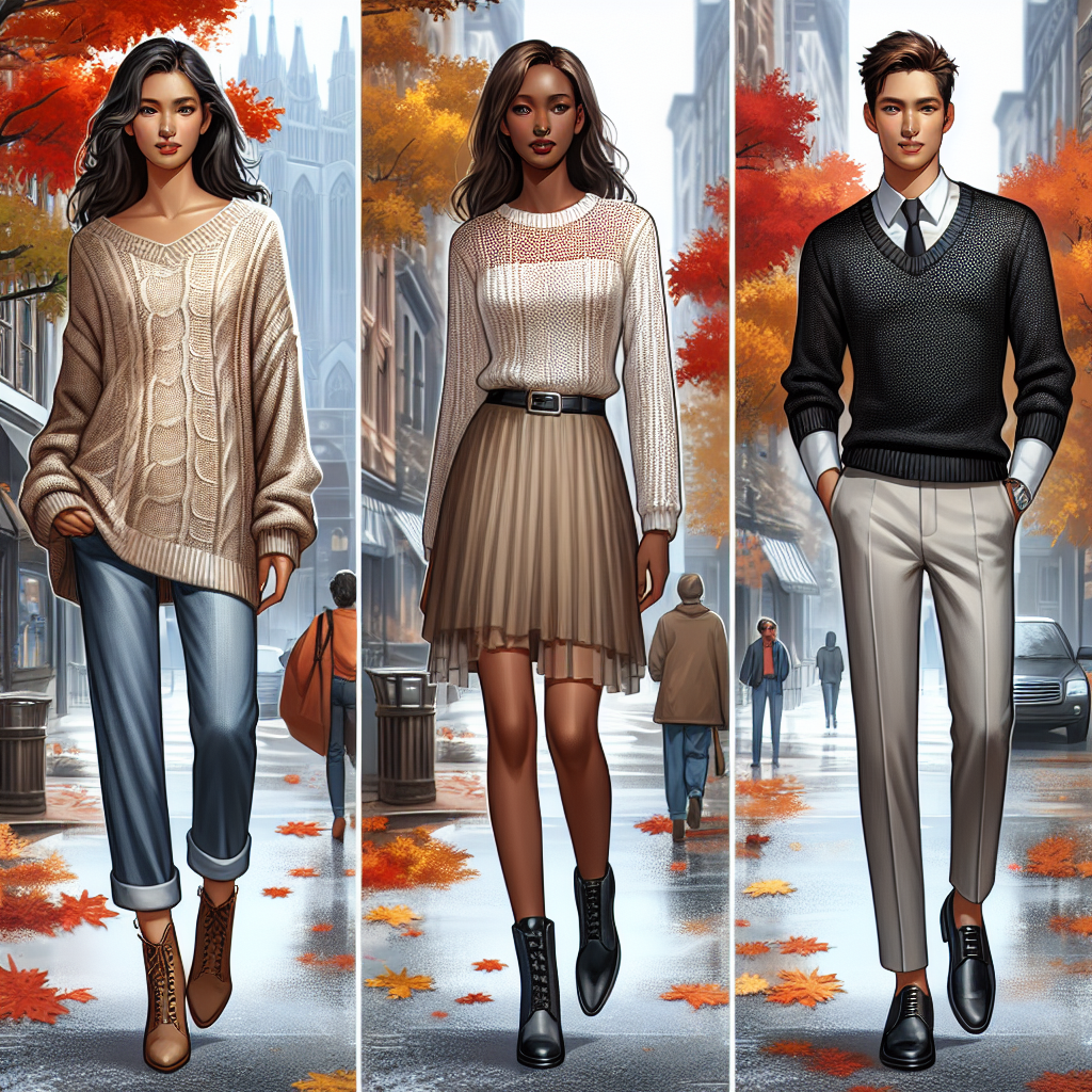 Scenario showcasing three distinct styles for sheer knit sweaters. The first style should depict a South Asian woman wearing a loose fitting sheer knit sweater paired with jeans and heels. The second style should consist of a black woman showing off a tucked in sheer knit sweater with a skirt and boots. The final style should display a white man in a dashing, fitted sheer knit sweater with slacks and loafers. The setting must be a busy city street during autumn, filled with bright fall colors.