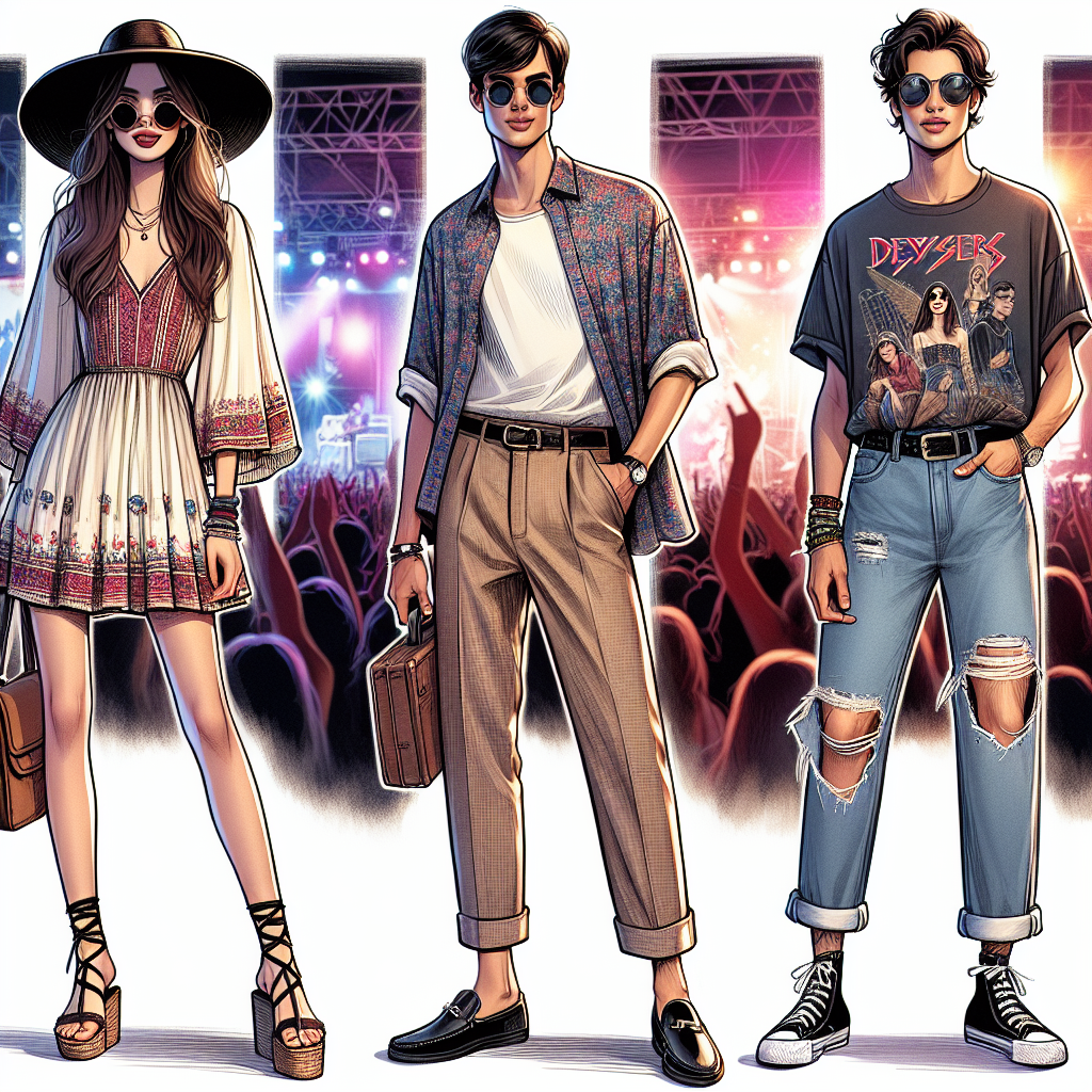 A compilation of different chic summer concert outfits. The first outfit is modeled by a young Hispanic woman, featuring a bohemian sundress paired with strappy sandals and a stylish wide brim hat. The second outfit, worn by a Middle-Eastern man, entails a lightweight print shirt paired with well-fitted chino shorts, loafers and aviator sunglasses. The third outfit, on a South Asian woman, showcases high waisted distressed denim shorts, an oversized band t-shirt and black converse shoes. Illustrate these three individuals standing together, each proudly displaying their outfit against a backdrop of a buzzing summer concert with vibrant stage lights.