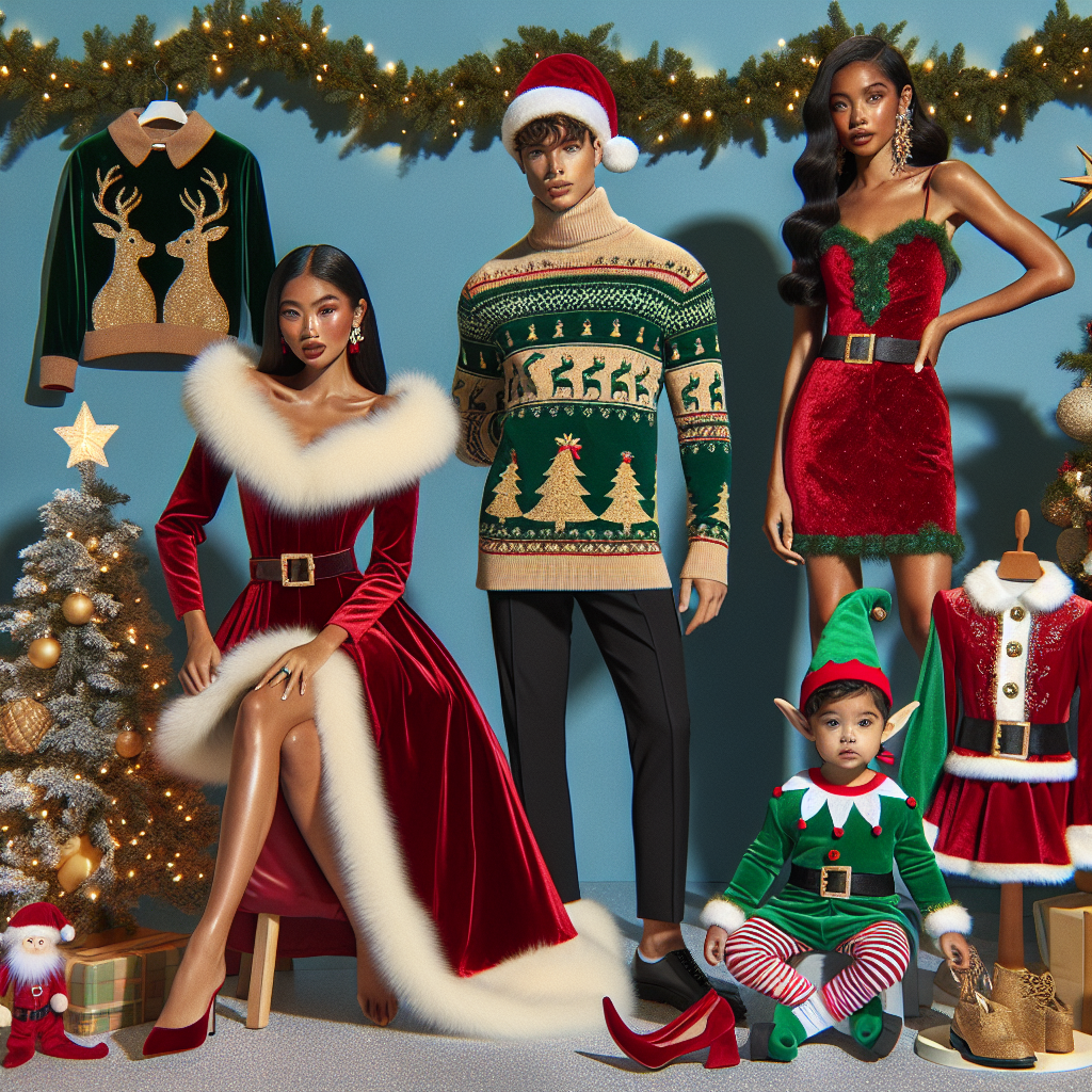 Create a vibrant scene displaying a collection of stunning Christmas outfits. The clothing is a balance of elegance and festive cheer. See a female South Asian model wearing a red velvet dress accented with a white faux fur collar, a male Black model showcasing a green turtleneck sweater incorporated with a pattern of golden reindeers, and a Hispanic child dressed in a cute elf costume with pointy shoes. Around them, a tastefully decorated Christmas tree with twinkling lights sets the mood. The scene embodies the joy and warmth of the holiday season.