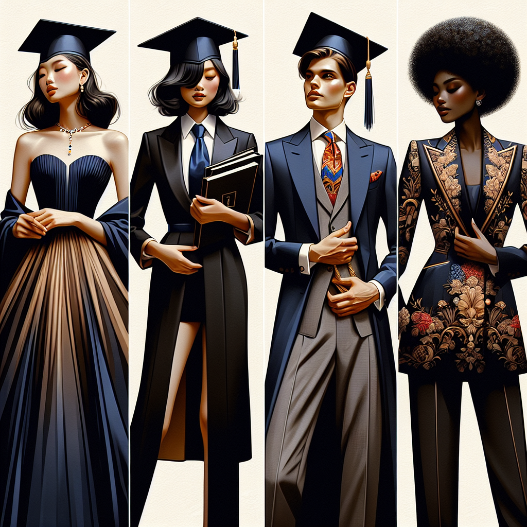 Stunning Outfits for Graduations: Effortless Elegance A visual exploration of stunning outfits ideal for graduation ceremonies. This should comprise a variety of styles showcasing effortless elegance. The first ensemble is a sleek, flowing gown on an Asian woman with her cap and gown draped over her arm. Then, we see a Caucasian man in a neatly pressed suit with a vibrant tie, holding his mortarboard. Lastly, a Black woman wearing an exquisitely tailored blazer and trousers, with a graduation cap on her head. Each attire embodies a classically graceful aesthetic suitable for such momentous occasions.