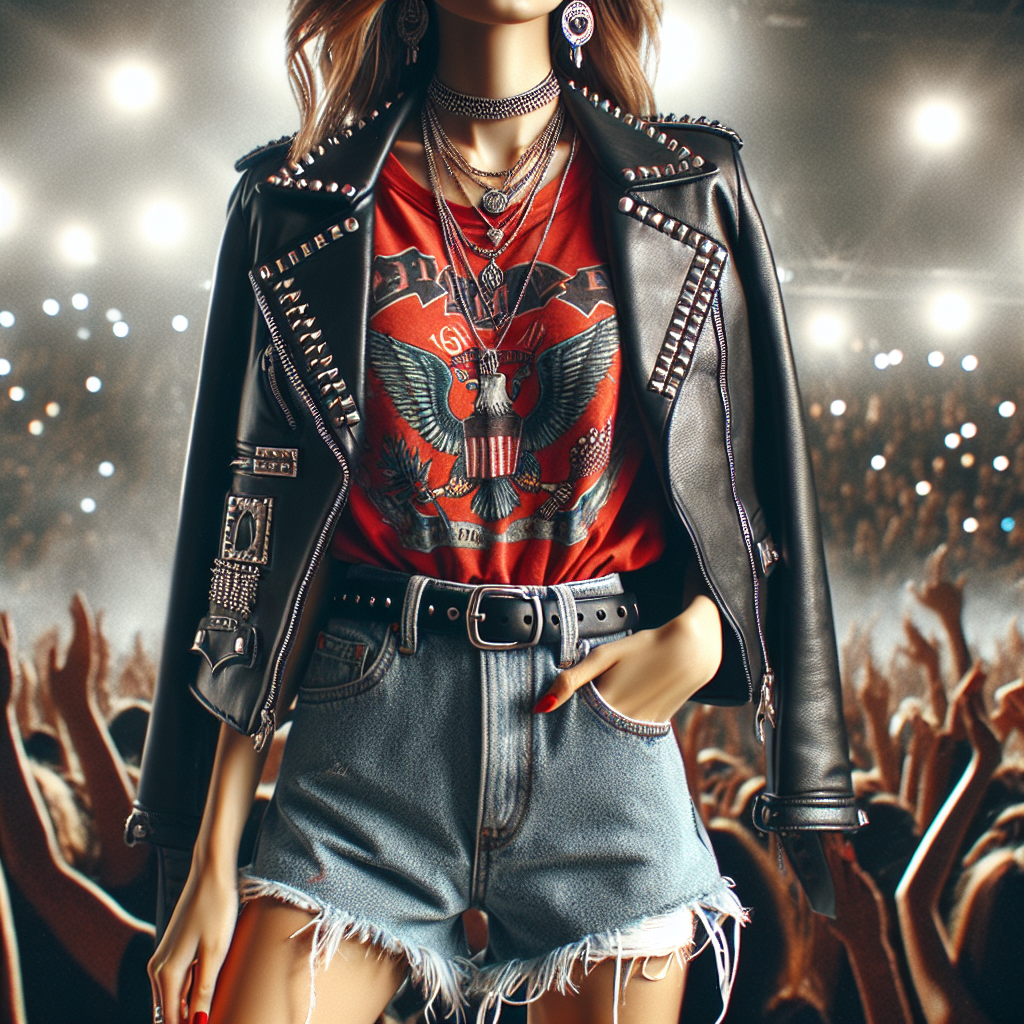 Imagine attending a lively music concert. In this energetic atmosphere, the focus is on what attire to wear. Picture a young woman dressed in a chic black leather jacket, adorned with metal studs. She pairs this with a bright red band t-shirt and ripped denim shorts. To complete the look, she wears knee-high lace-up boots and accessorizes with layers of silver pendant necklaces. This ensemble epitomizes the spirit of music concerts and makes for a fitting attire for any avid concert-goer.