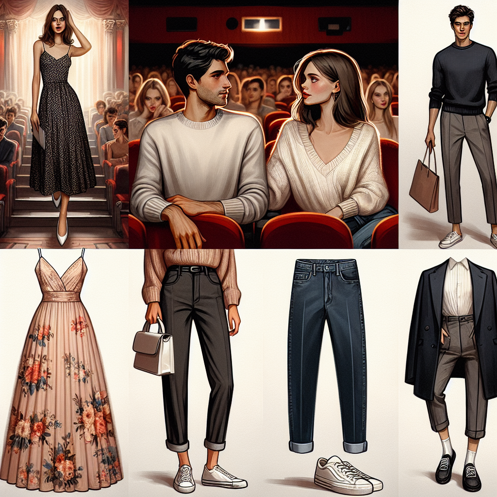 A romantic collage of must-have outfits for a movie date night. The first ensemble is for a Caucasian woman, featuring a casual yet elegant midi dress and flat shoes, and for her partner, a Middle-Eastern man in a sporty chic look with dark jeans and a soft cashmere sweater. The second look is a trendy outfit for a Black woman with high-waisted jeans, a sophisticated blouse, matched by a South Asian man in a relaxed button-down and chinos. The third outfit is for a Hispanic woman in a floral maxi dress, while her partner, a White man, wears a classic blazer with dark pants. Ensure the all the outfits are coordinated, and the ambiance of the theatre is suggested in the background.