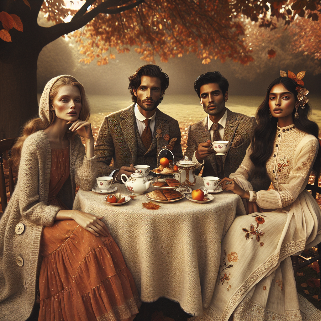 Envision a beautiful autumn-themed tea party scene. Picturize three individuals - a Caucasian woman wearing a pumpkin-colored sundress combined with a cozy woolen cardigan, a Middle-Eastern man in a classy tweed blazer accessoried with a vintage pocket-watch, and a South Asian woman donning an elegant cream-colored salwar suit adorned with delicate fall-inspired embroidery. Surround them with accents of oranges, reds, and yellows representative of the fall season, with a round wooden table elegantly set with teacups, a teapot, and fall-themed treats. Seated under a tree shedding its leaves, they enjoy the crisp autumn air, enhancing the feel of effortless style.