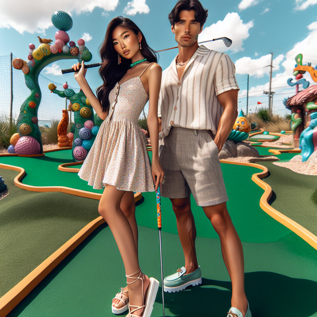 Must-Have Outfits for Your Mini Golf Date! A trendy and fashionable couple, one East Asian woman and one Caucasian man, on a bright sunny day at a whimsically designed miniature golf course. The woman is wearing a sweet, pastel-colored summer dress and strappy sandals, holding a brightly patterned mini-golf club. The man is in a casual yet stylish ensemble of a linen shirt, chino shorts and loafers, ready to tee off. In the background, there are elaborate, vibrant golf course obstacles, green faux-grass, and a blue sky with fluffy white clouds. Make it vibrant, playful and romantic.