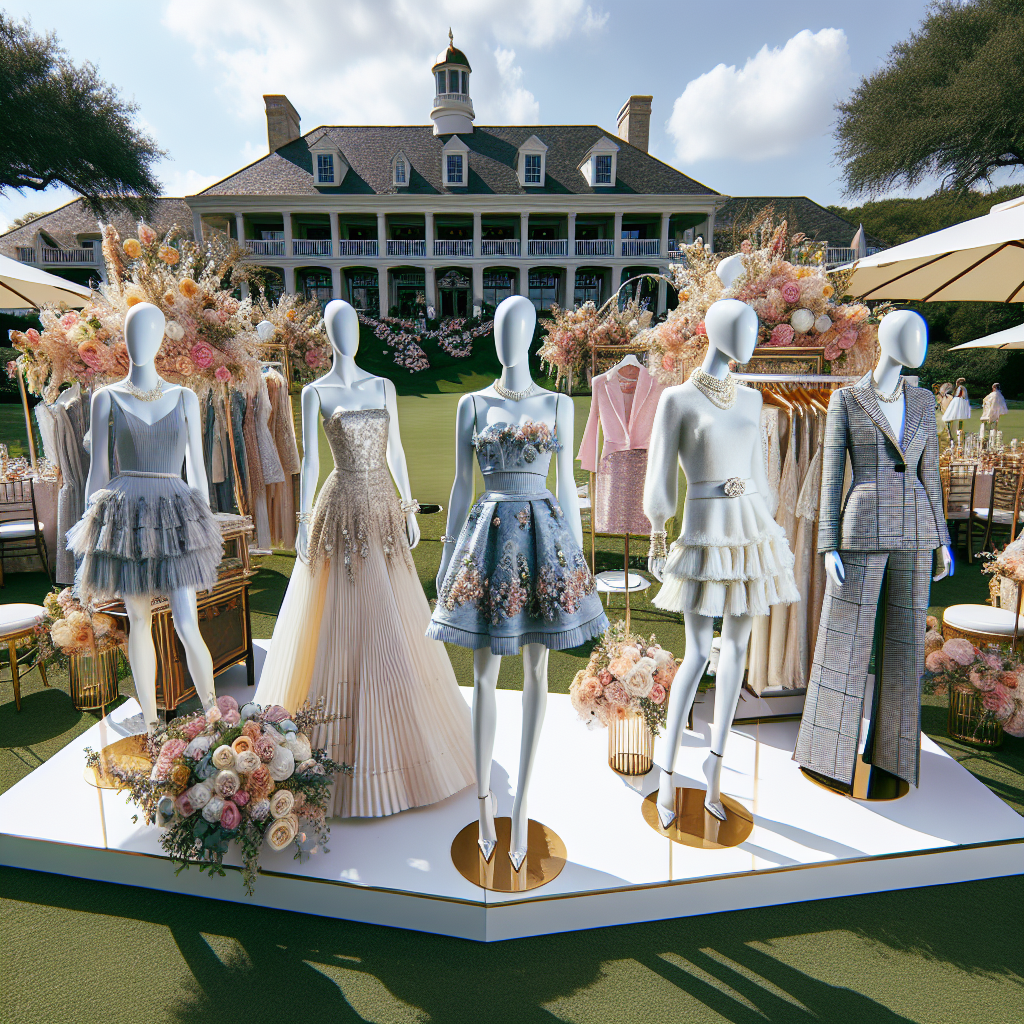 A picturesque outdoor setup at an upscale country club hosting a bridal shower. In the foreground, there are three mannequins showcasing stunning outfits ideal for such an occasion. One is wearing a classy cocktail dress, while another is draped in an elegant day wear suit and the third, in a chic casual sundress. Each outfit is extravagantly accessorized, with hints of pearl and floral accents. The scene is complemented with elaborate decoration, featuring lots of florals and pastel hues. The background boasts a manicured garden and a grand colonial-style clubhouse. A clear sunny day with a vibrant blue sky overhead.