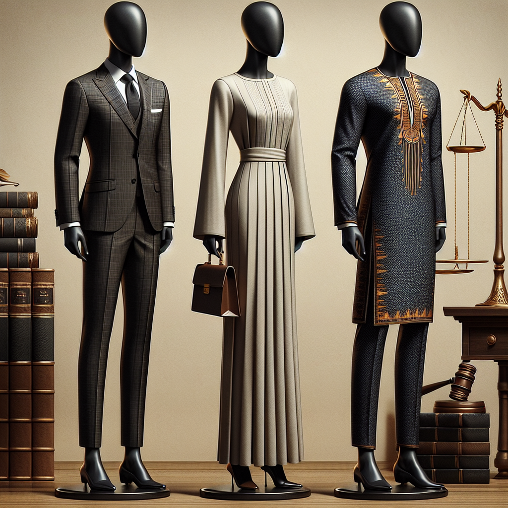 Stunning Court Date Outfits: Effortless Elegance Depict an array of three court appropriate outfits lined up on clothing racks. The first one should be a neat tailored suit on a Hispanic female figure, the second one on a Middle-Eastern male figure displaying a finely tailored tunic with trousers and the third should showcase a sleek kente cloth dress on a Black female figure. All the outfits should embody effortless elegance with crisp lines, seamless stitching and quality fabric. The background should suggest the idea of a law court with pillars, justice scales or a gavel subtly incorporated into the theme.