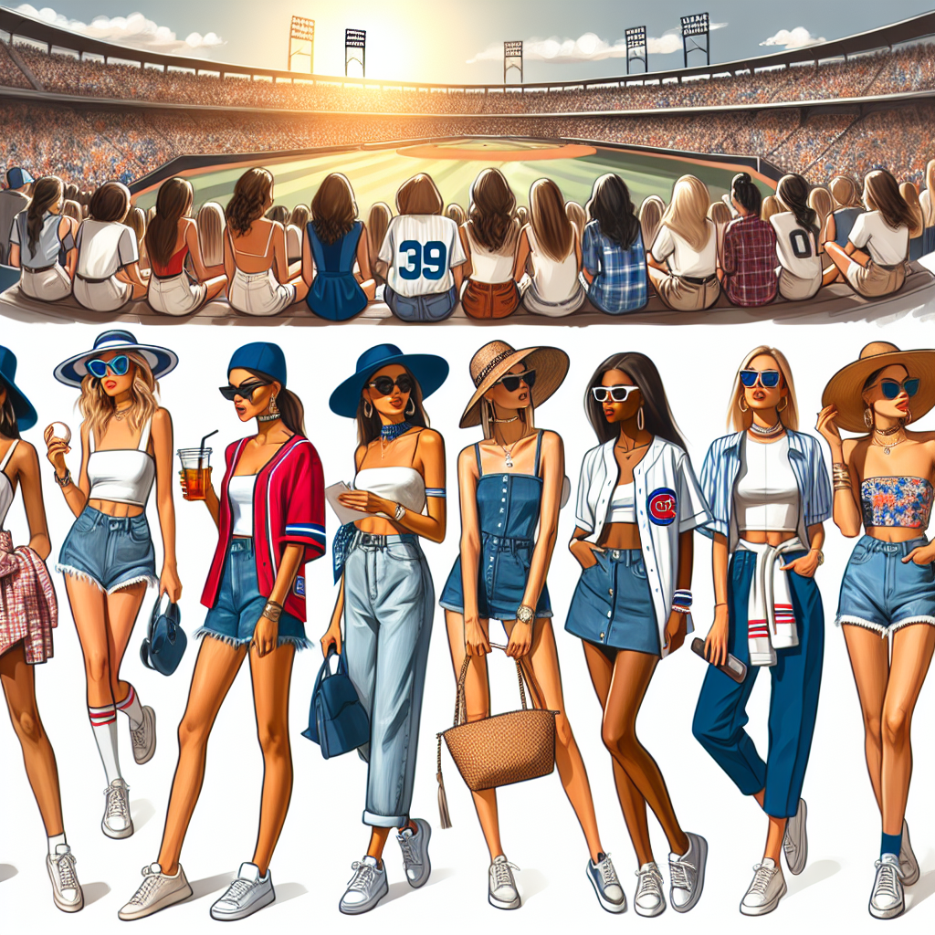 Summer Baseball Game Fashion: Must-Have Looks for Women Imagine a fashion magazine spread dedicated for women's fashion at a summer baseball game. Picture a variety of outfits designed for the warm weather, comfortably styled for a day at the field. The images might include diverse women of varying descents like Hispanic, Caucasian, Black, and Middle-Eastern, each flaunting distinct looks. View an array of accessories from stylish caps, lightweight scarves, to trendy sunglasses. Also, think about fans wearing team jerseys with cute denim shorts, or casual summer dresses paired with comfy sneakers. Feel the sunny afternoon ambiance at a bustling baseball stadium.