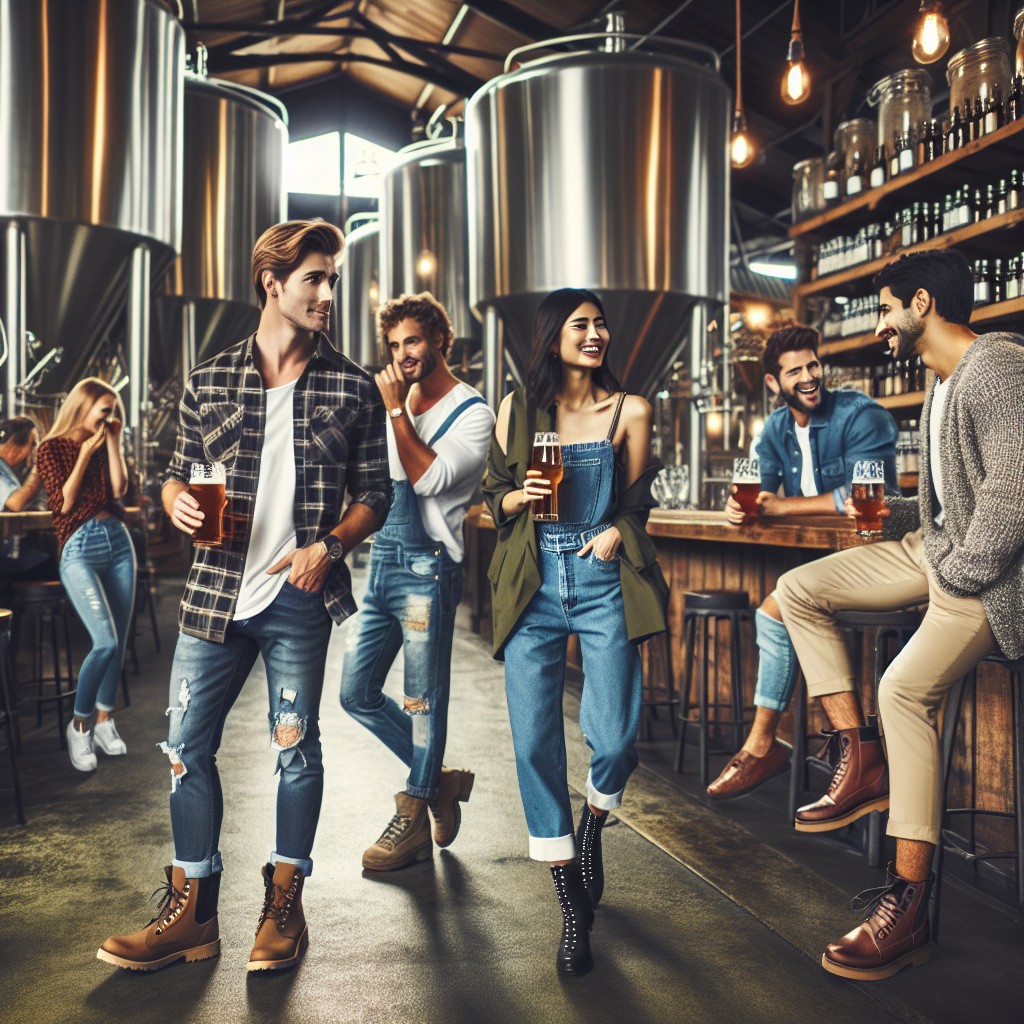 Picture a bustling brewery setting with people of varied descents and genders, all dressed in casual yet stylish attire suitable for such an environment. On the left, a Caucasian man in a plaid shirt layered over a white tee, rugged jeans, and sturdy boots is holding a pint of beer. In the center, a South Asian woman wearing a trendy denim outfit with edgy ankle boots and a statement necklace is laughing with her friends. To the right, a Middle-Eastern man in a comfortable oversized sweater, khaki pants, and loafers is engaged in a lively conversation. In the background, beautiful details of the wooden brewery interior with its rustic charm, gleaming brewing tanks, and the cozy ambiance of low hanging lights add to the overall appeal of the scene.